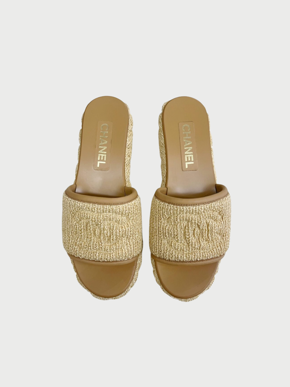 Chanel 2010s Cream Raffia CC Platform Mule Sandals