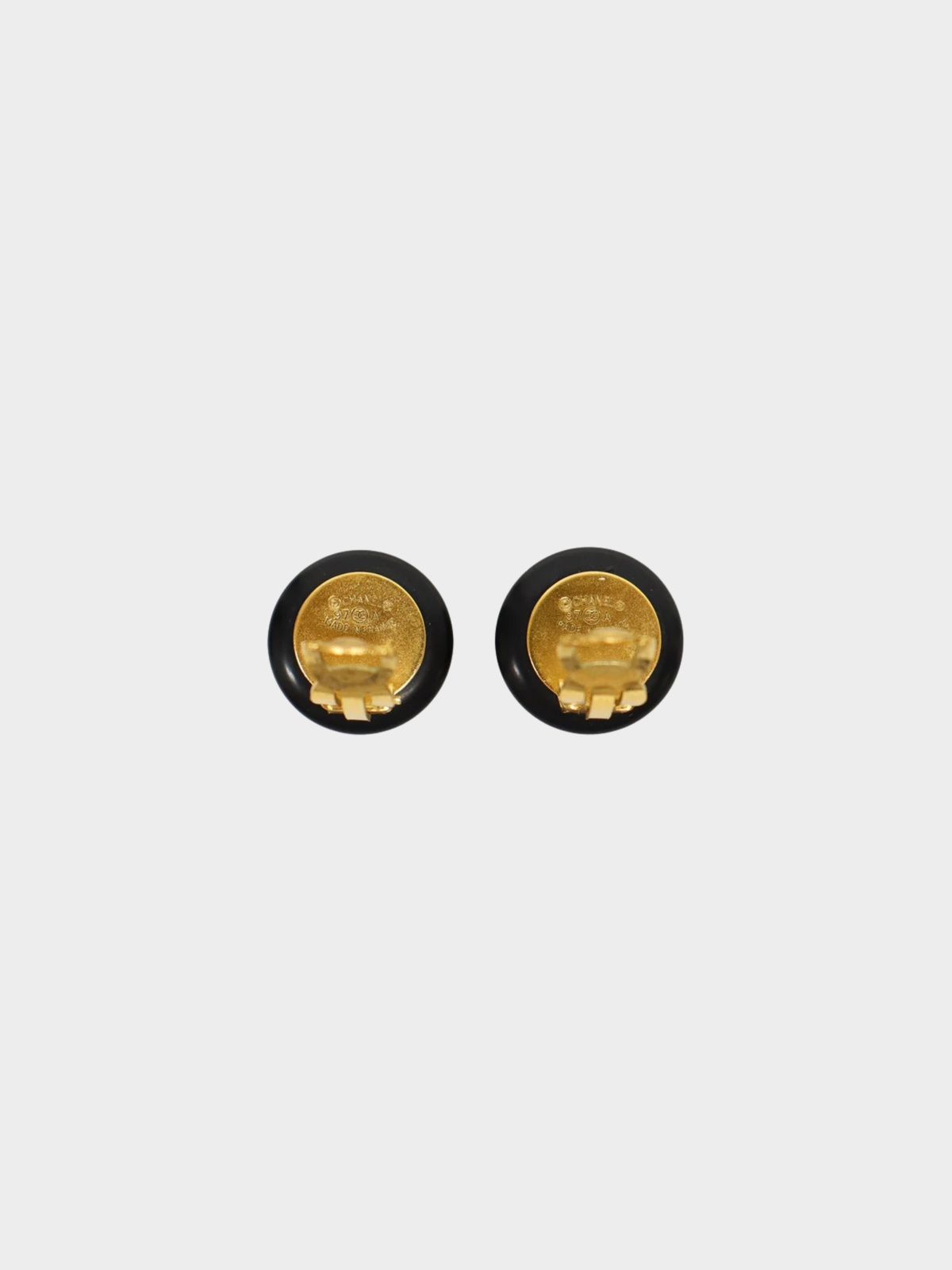 Chanel 1997 Black Gold Coco Round Clip-On Earrings
