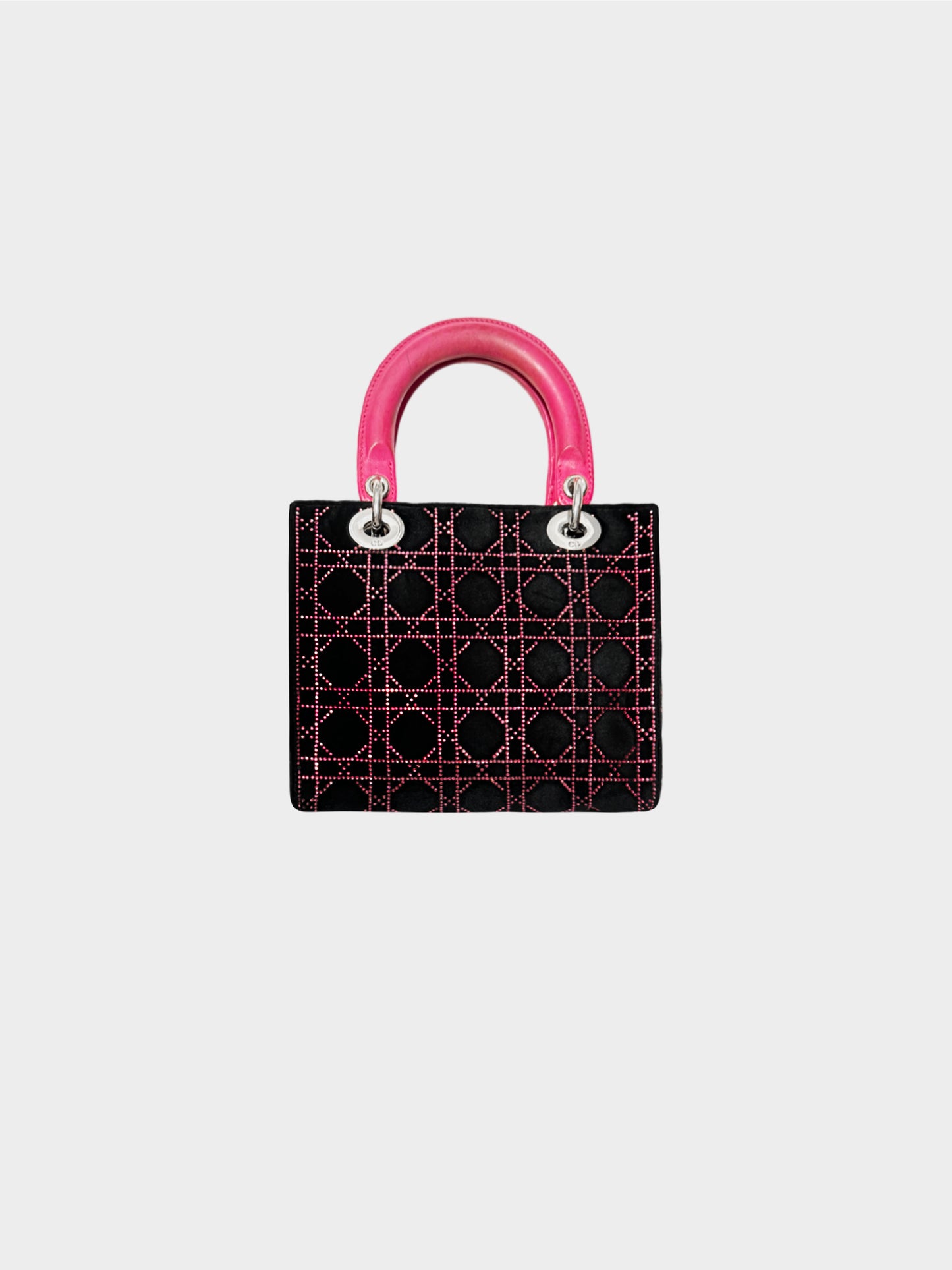 Christian Dior 2000s Black Velvet Lady Dior Pink Rhinestone Cannage Handbag