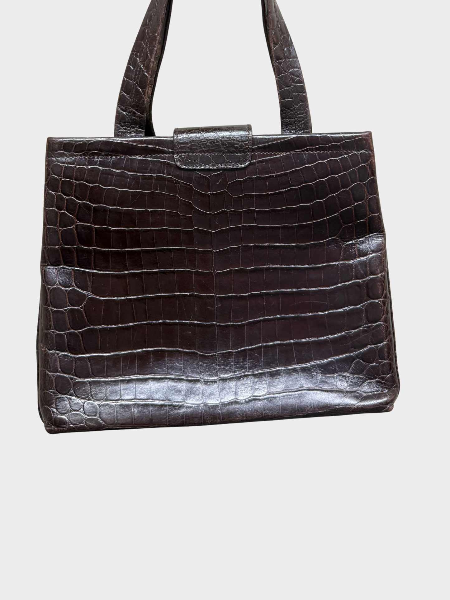 Salvatore Ferragamo 1990s Dark Brown Croc-Embossed Leather Vara Handbag