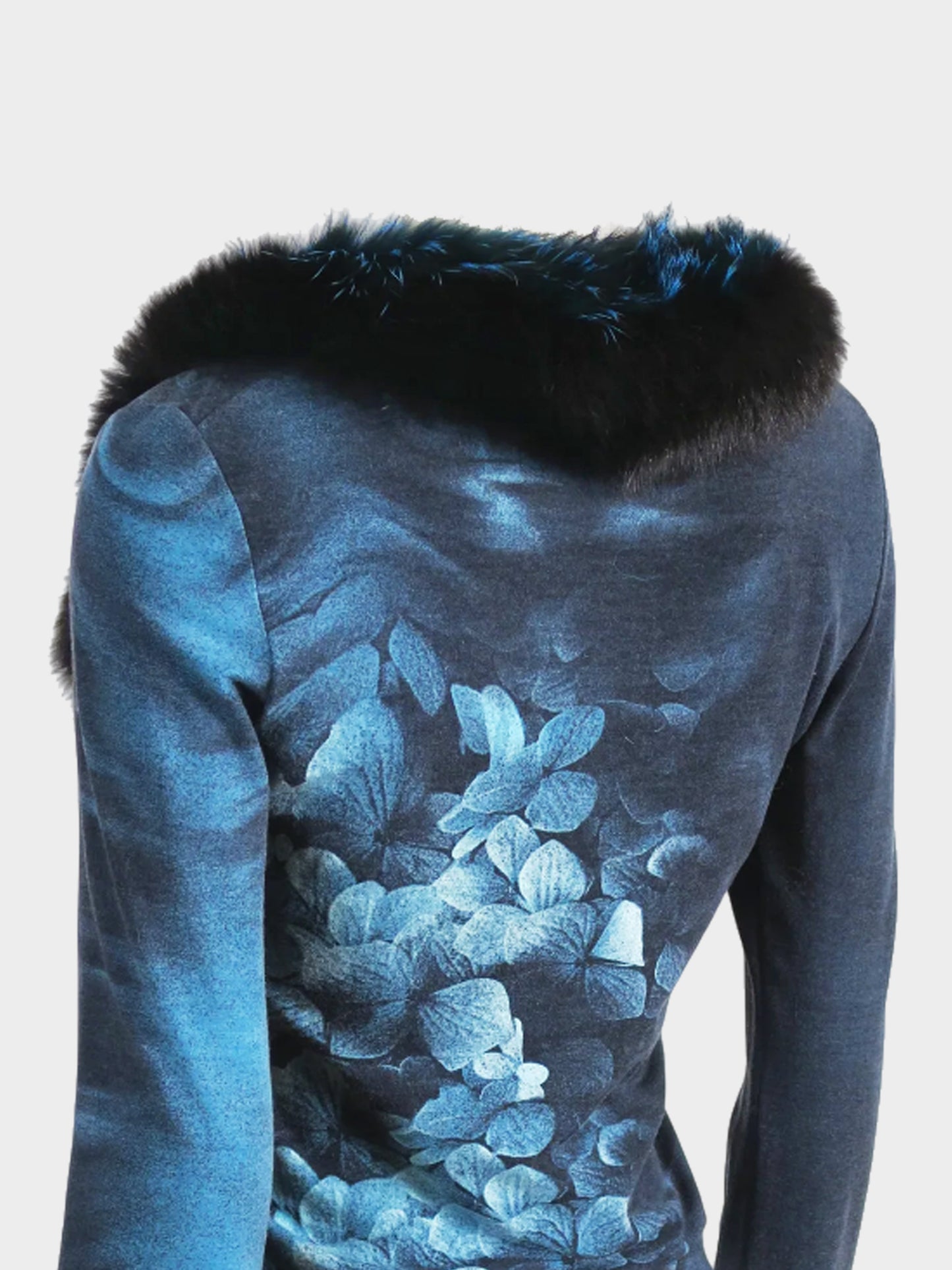 Roberto Cavalli 2000 Rare Metallic Blue Hydrangea Print Long Sleeve Top With Fur Collar