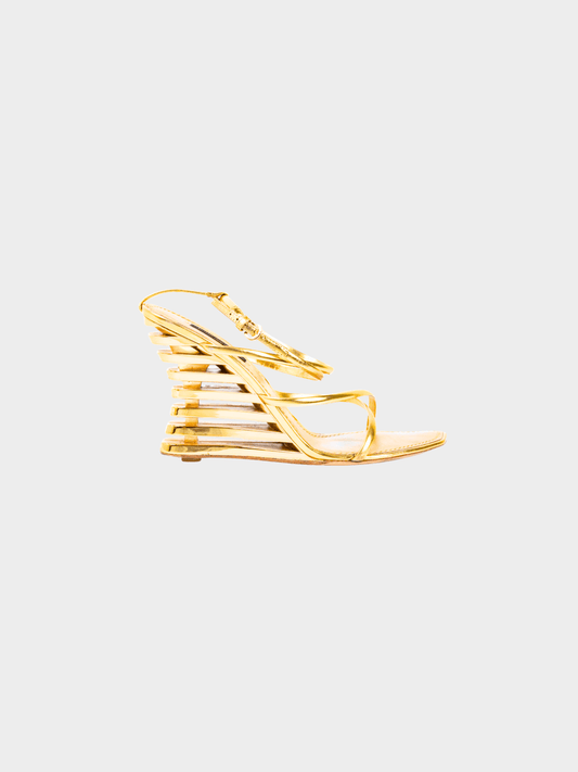 Louis Vuitton 2000s Metallic Gold Leather Cut-out Wedge Sandals