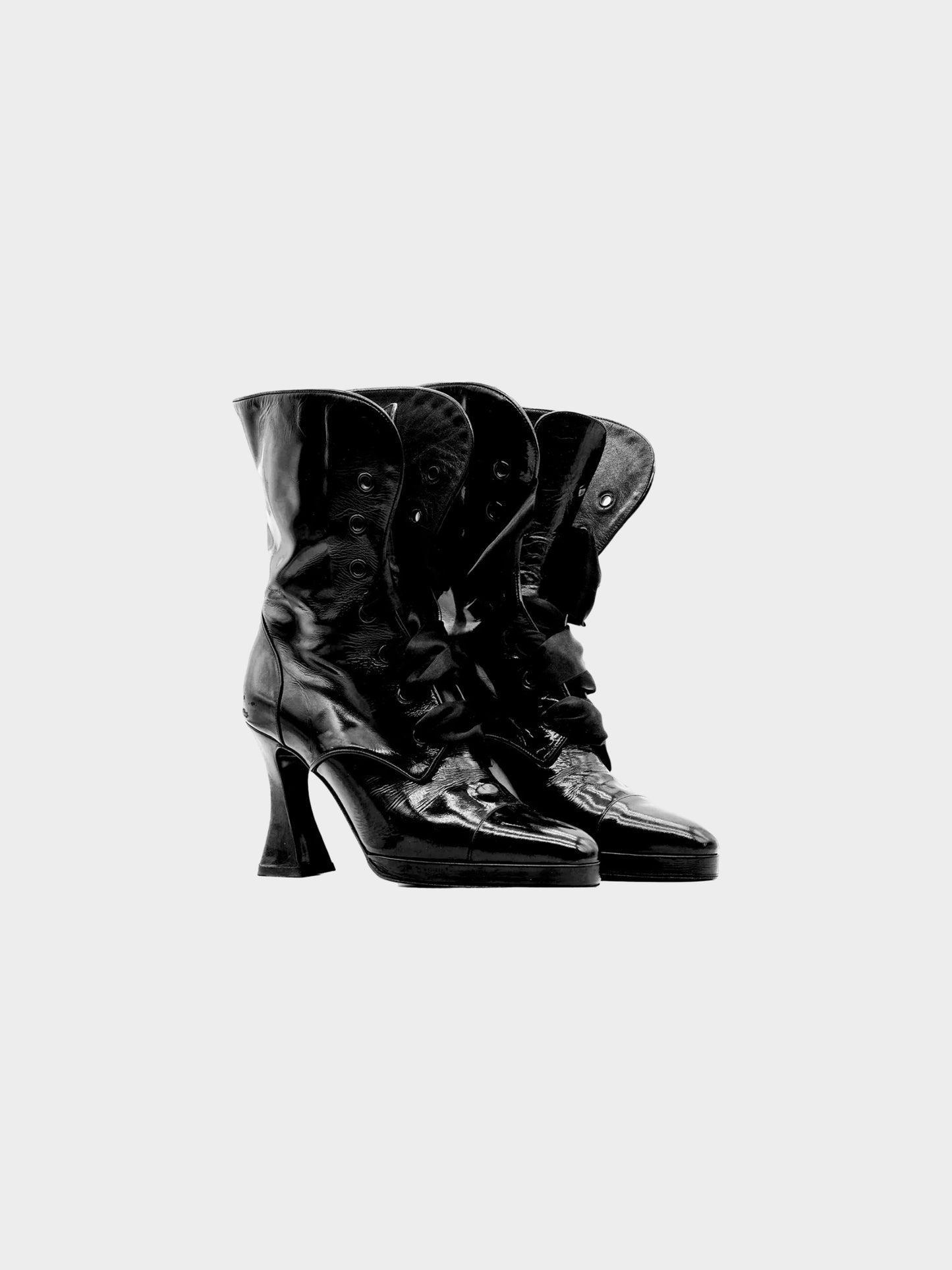 Chanel FW 1994 Black Satin Lace-up Leather Ankle Boots