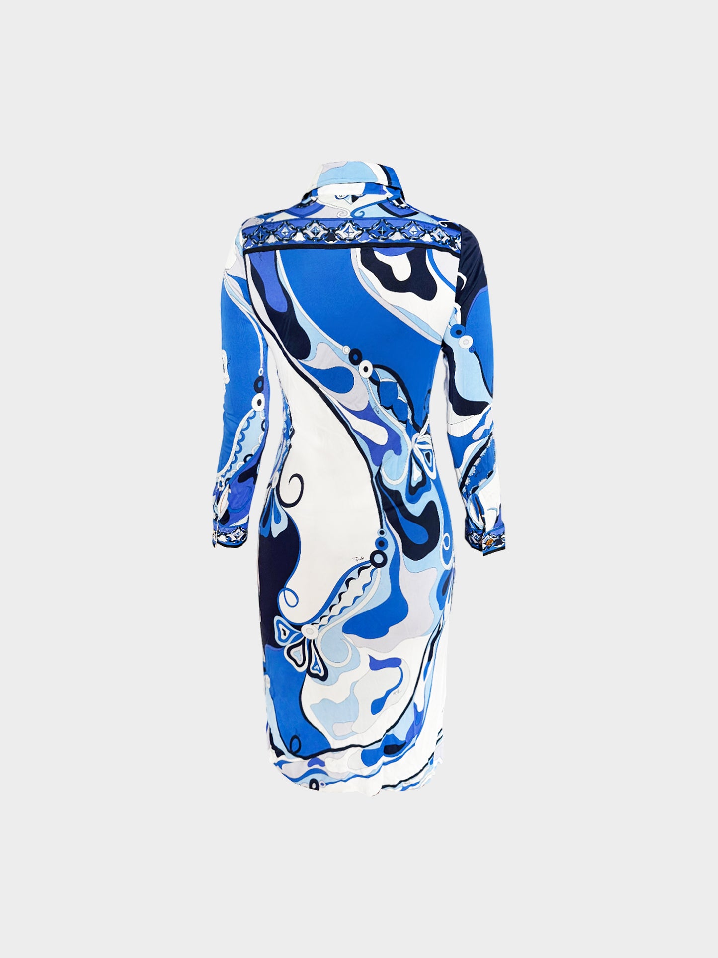 Emilio Pucci 2010s Blue and White Abstract Swirl Print Long-sleeved Dress