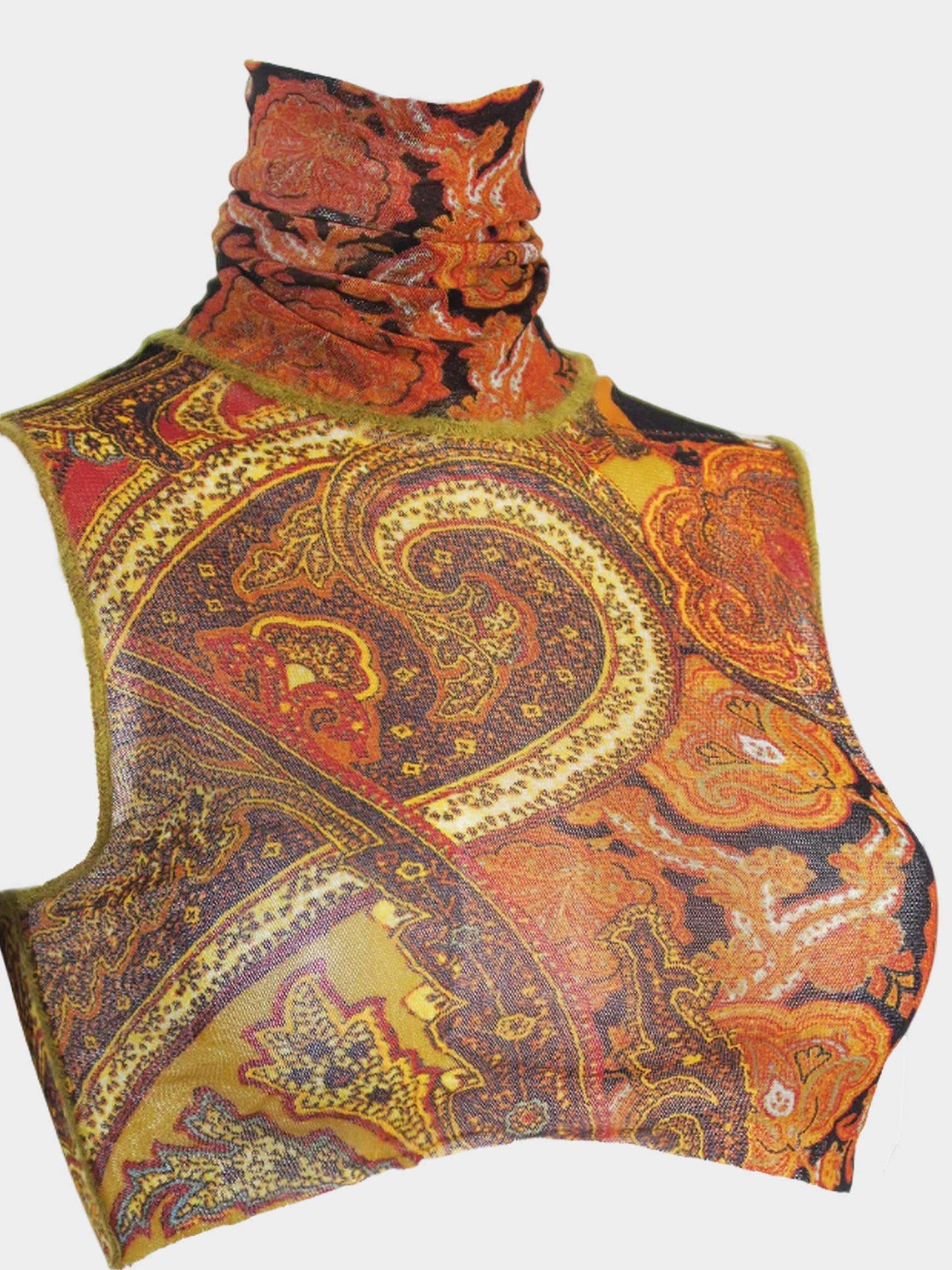 Jean Paul Gaultier 1990s Brown Paisley Print Turtleneck Mesh Top