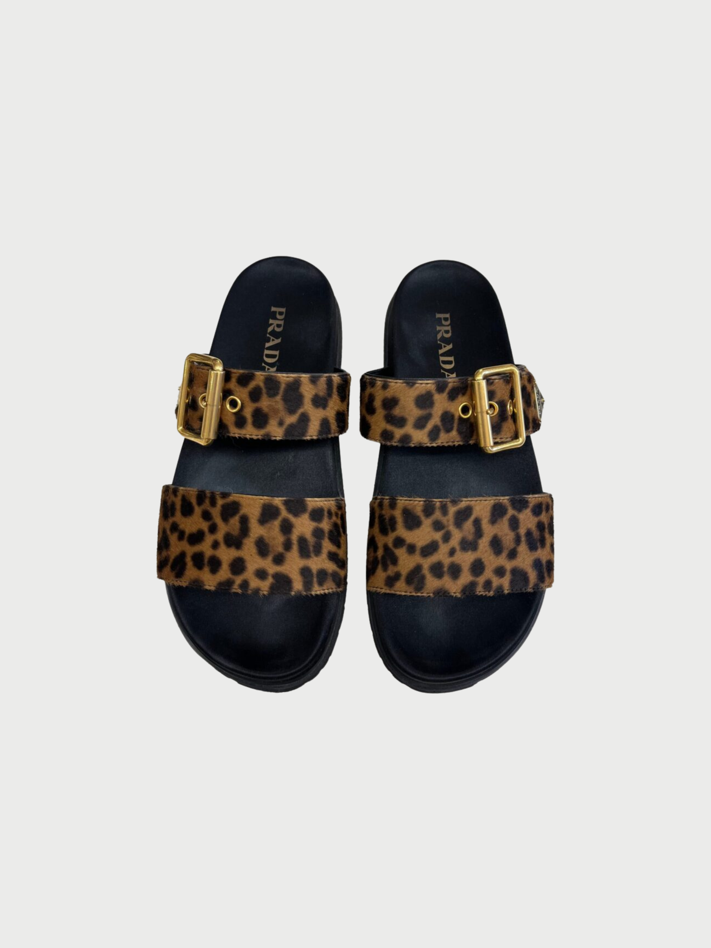 Prada 2010s Leopard Pony Hair Triangle Logo Sandals