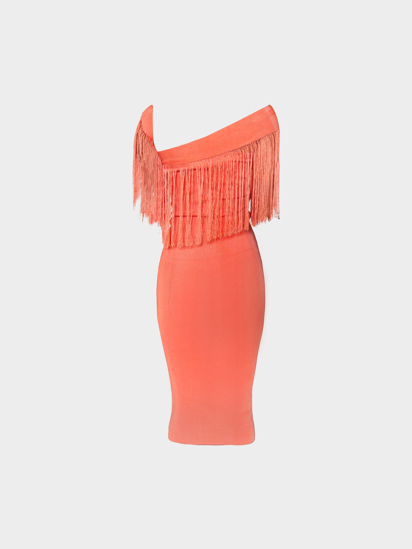 Plein Sud 2000s Coral Pink Fringed Off Shoulder Fitted Dress