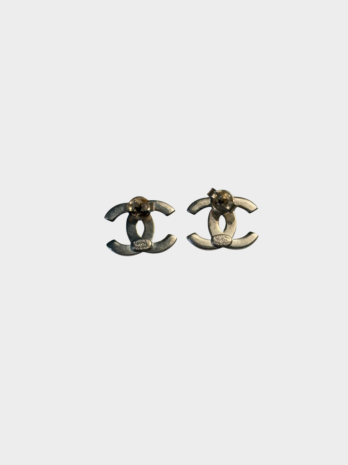 Chanel AW 1998 Silver Black Enamel Alphabet CC Stud Earrings