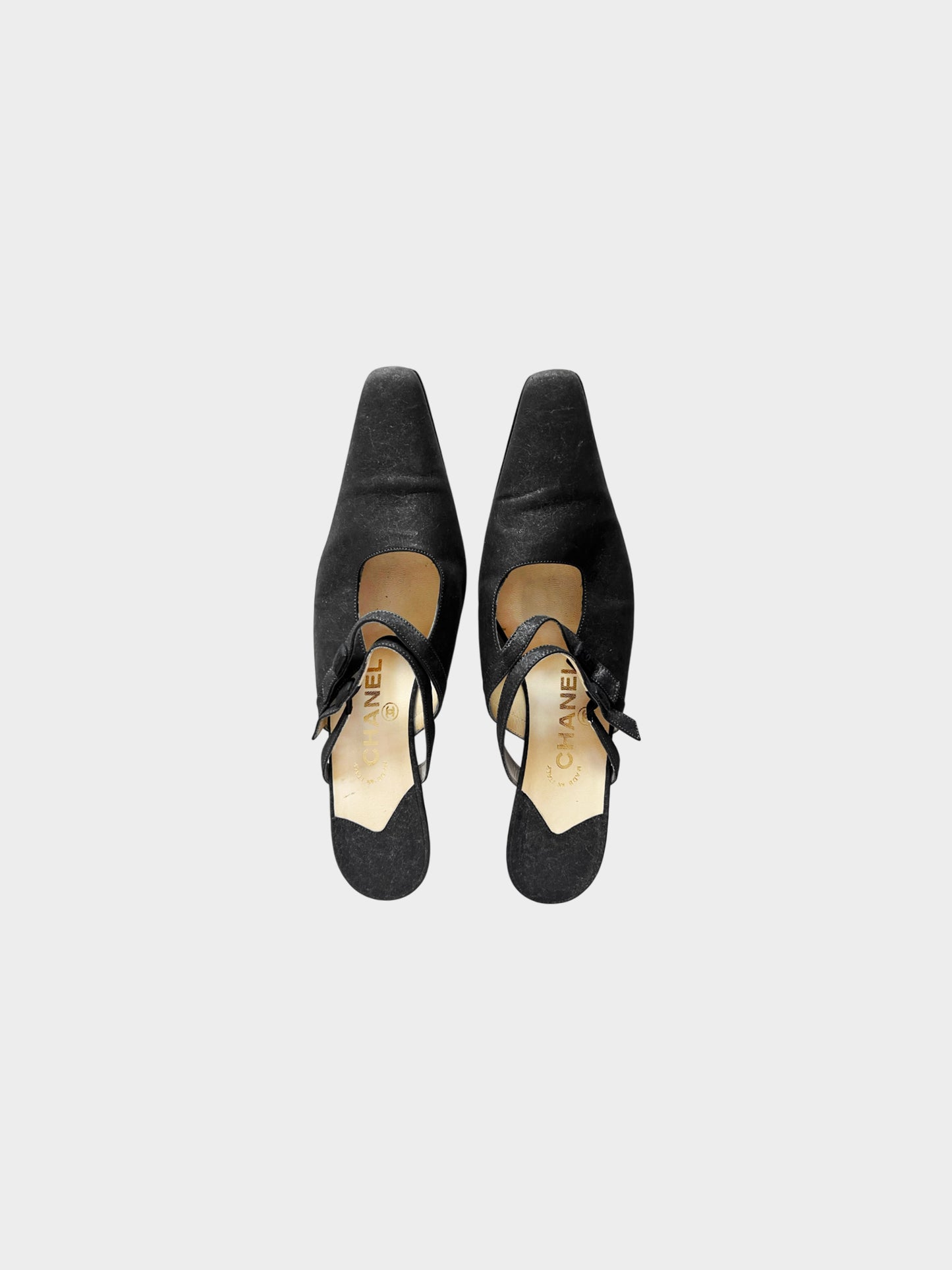 Chanel FW 1999 Black Suede Double Strap Heeled Mules