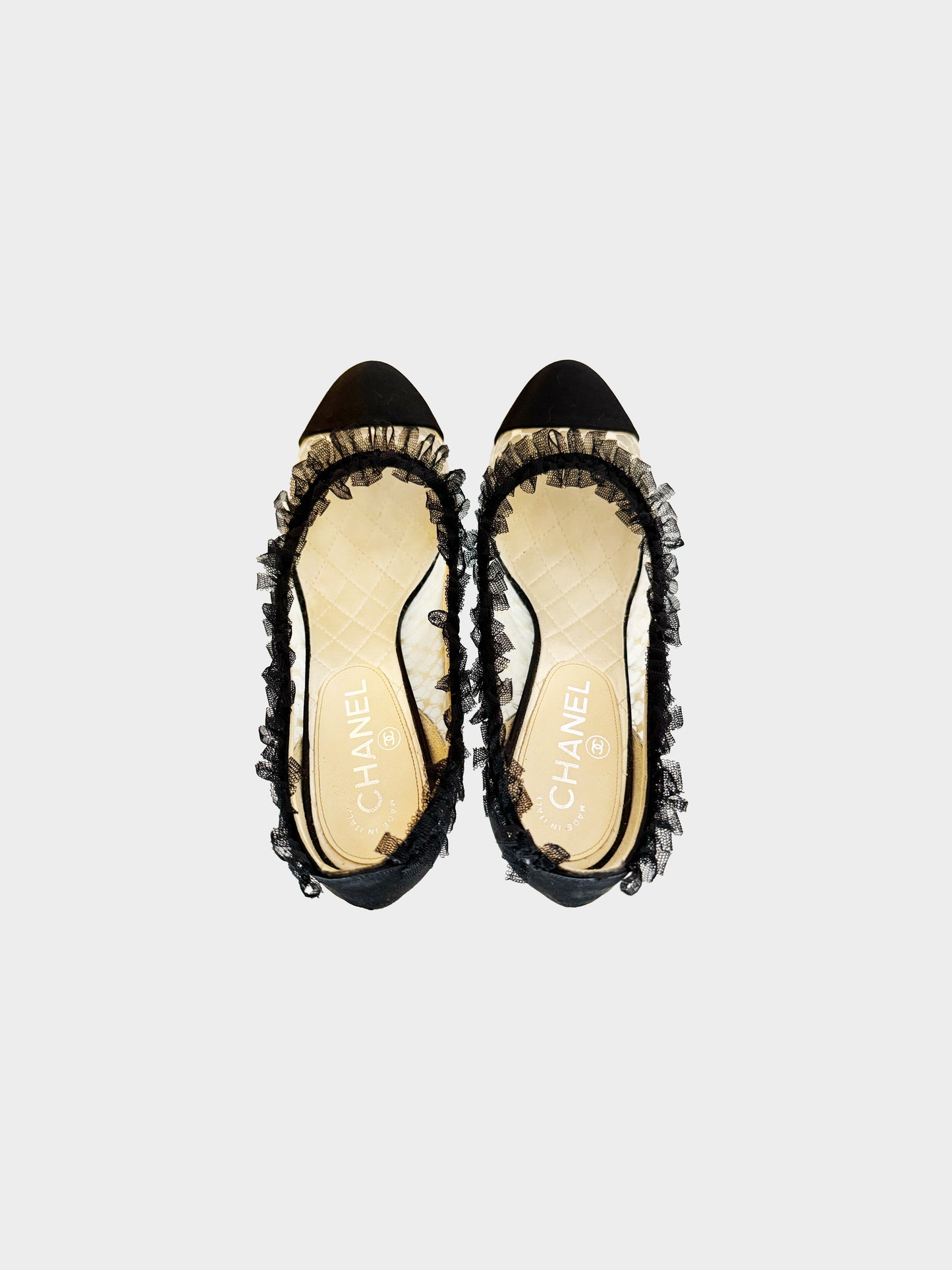Chanel 2012 Ivory and Black Ruffled Lace Pumps