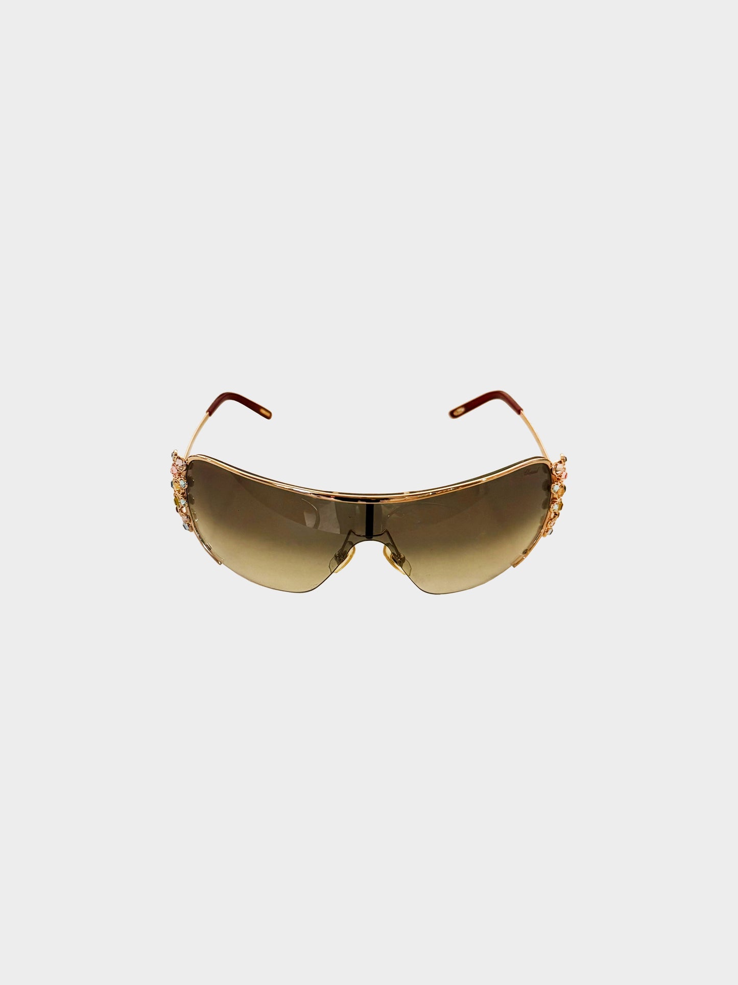 Chopard 2020s Gold Metal and Multicolored Rhinestones Shield Sunglasses