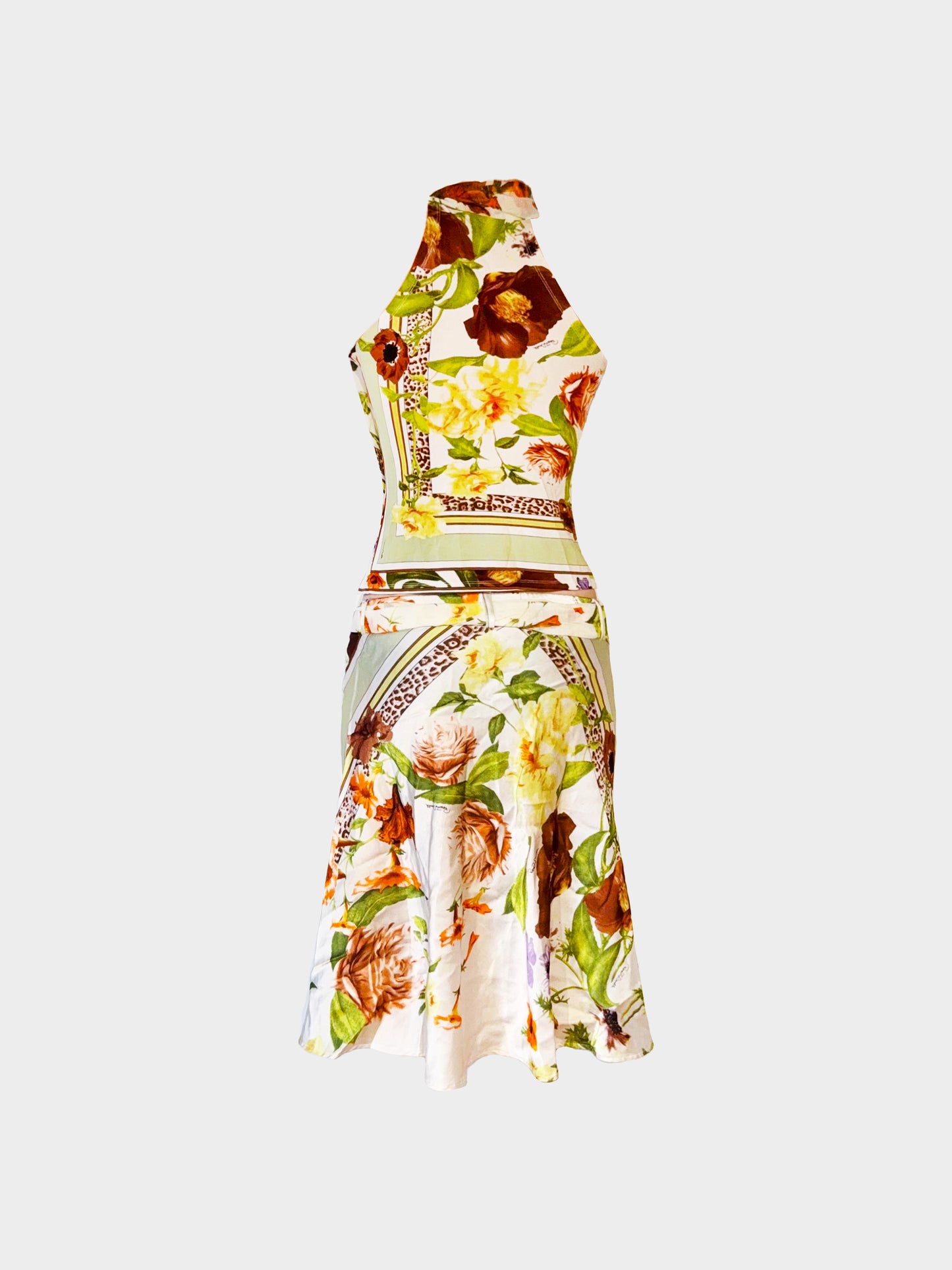 Roberto Cavalli 2000s Floral and Leopard Print Top and Skirt Set