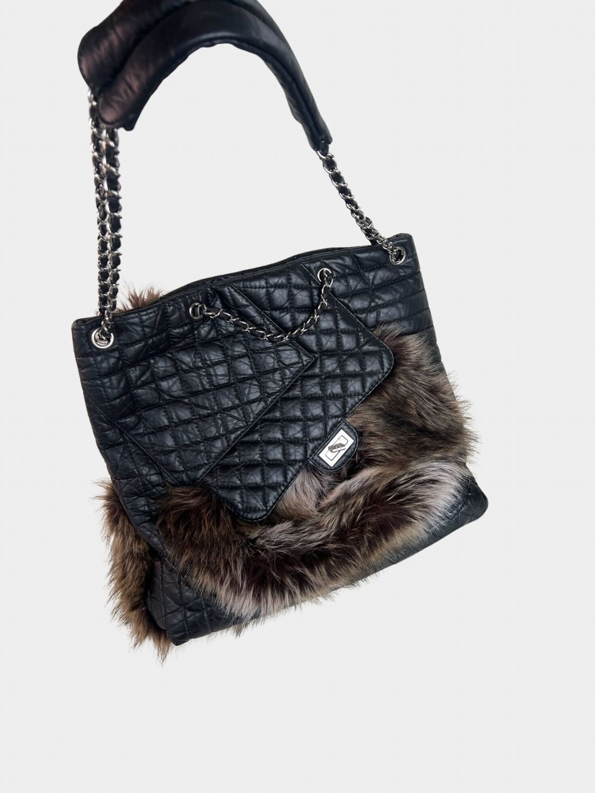 Chanel FW 2010 Black Calfskin Faux Fur Tote Bag