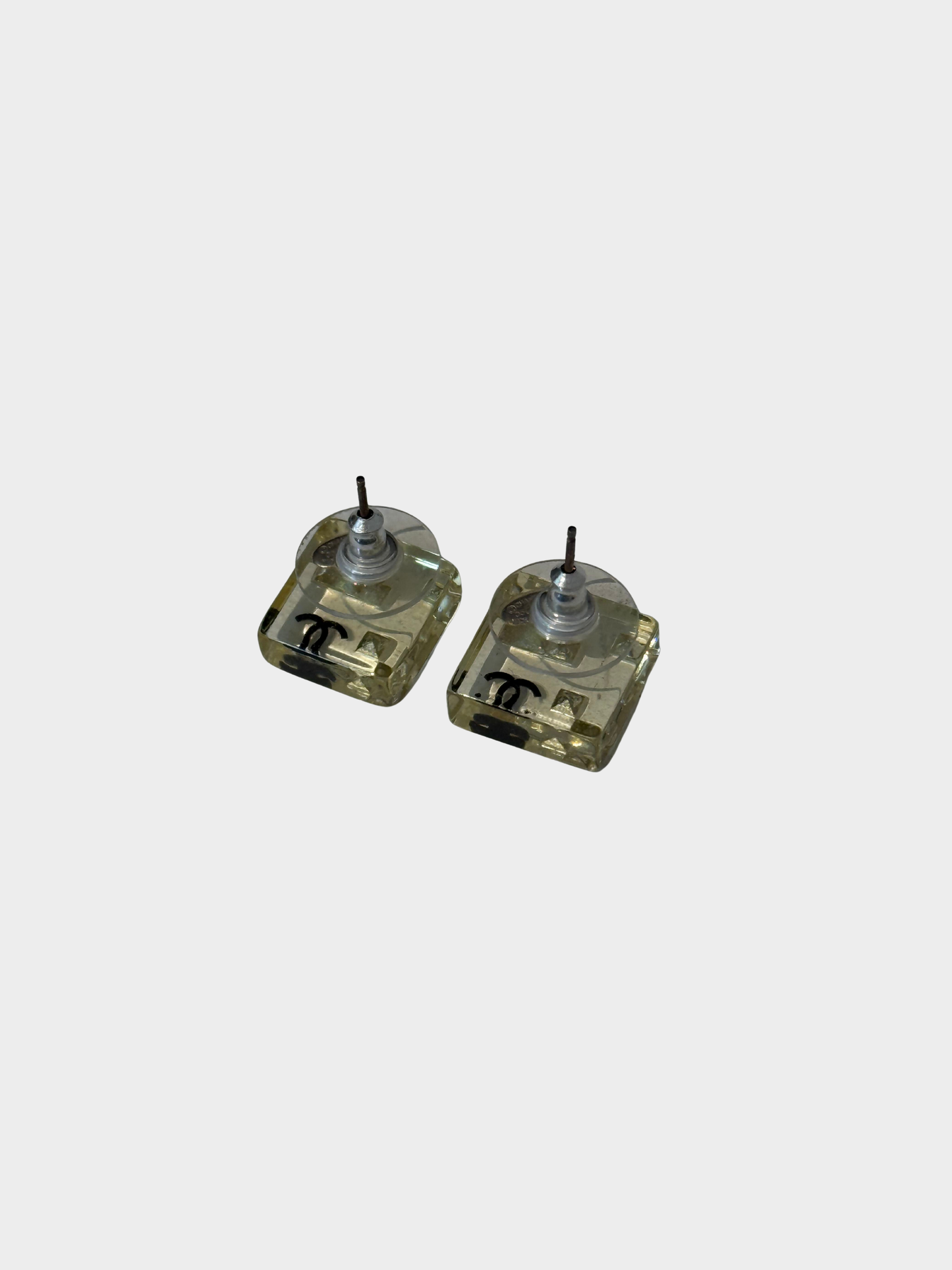 Chanel 2005 Clear Acrylic Rhinestone CC Square Stud Earrings
