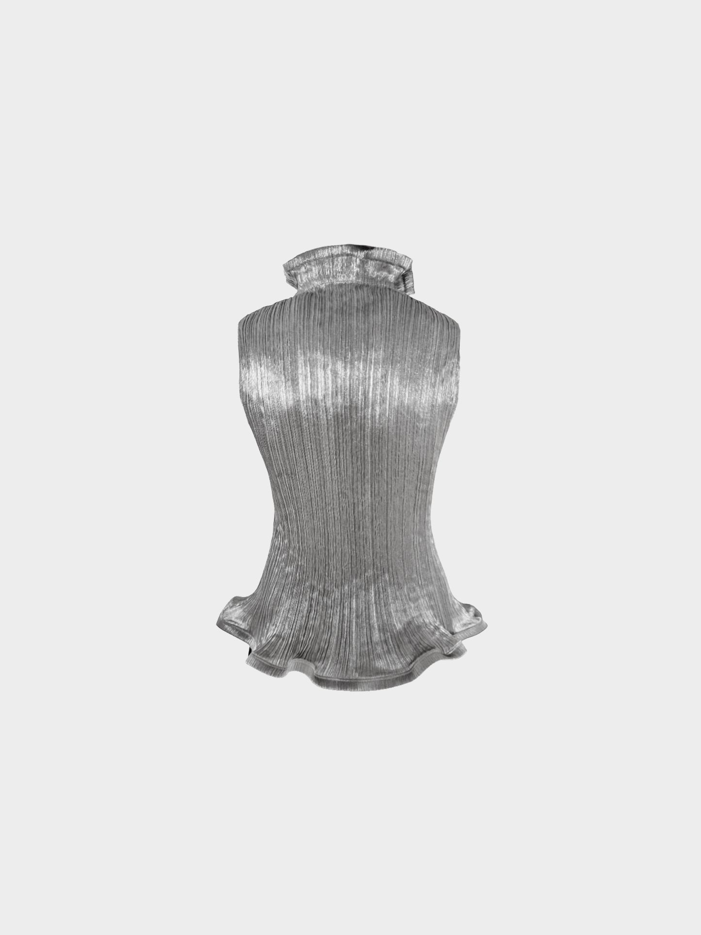 Issey Miyake 2000s Metallic Silver Pleated Stand-collar Sleeveless Top