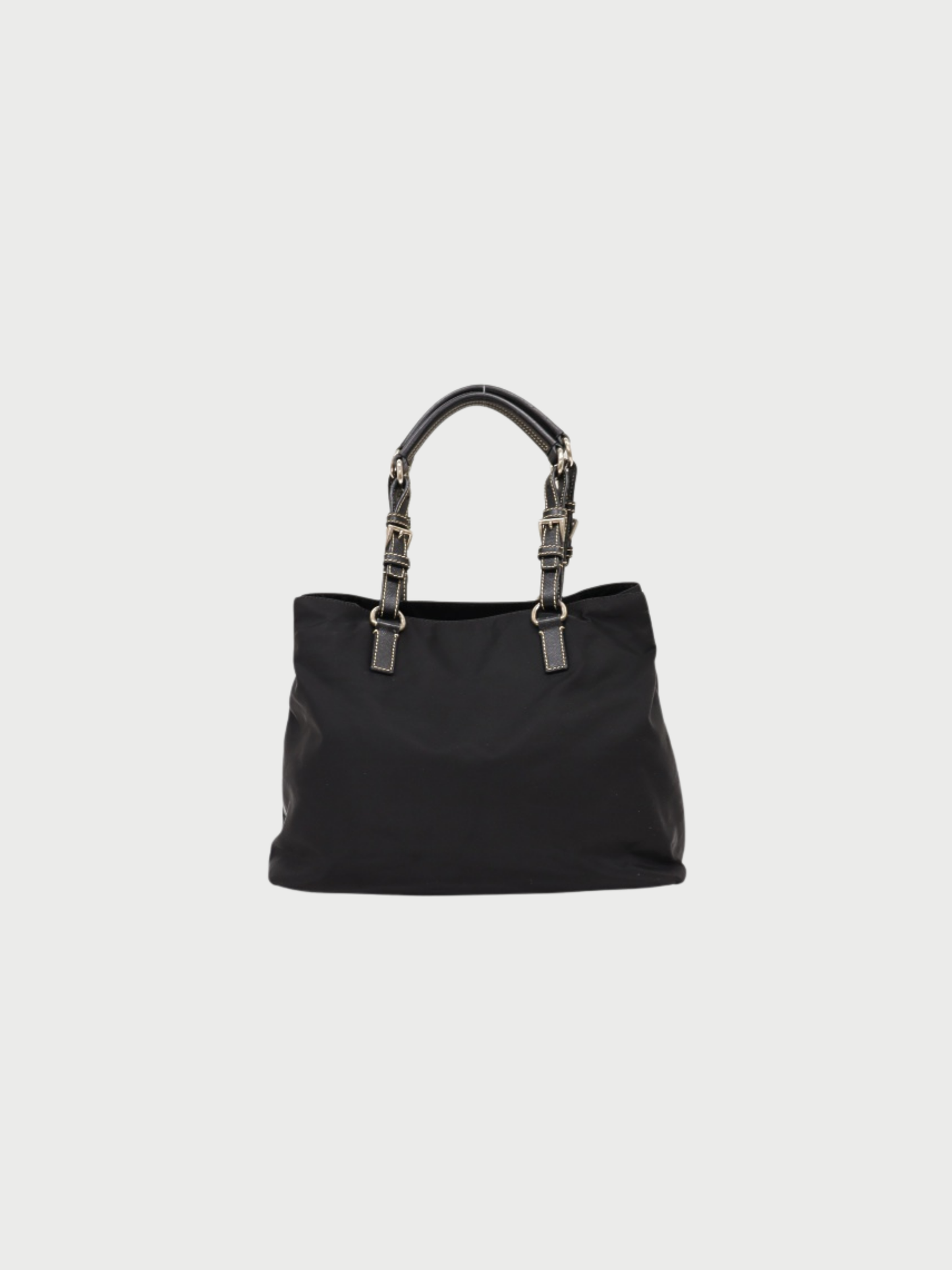 Prada 2000s Black Nylon Leather Triangle Logo Tote Bag
