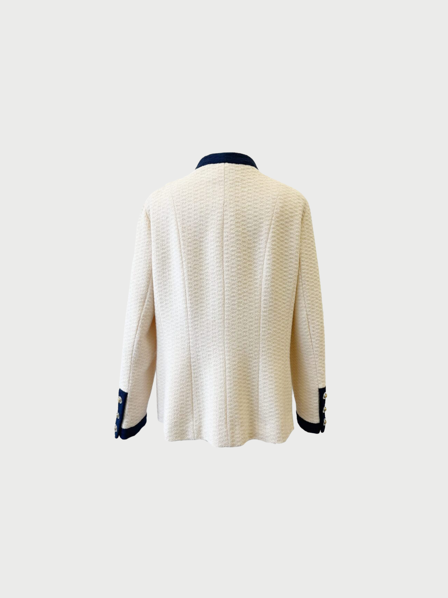 Chanel SS 1992 Ivory Navy Tweed Camellia Button Blazer