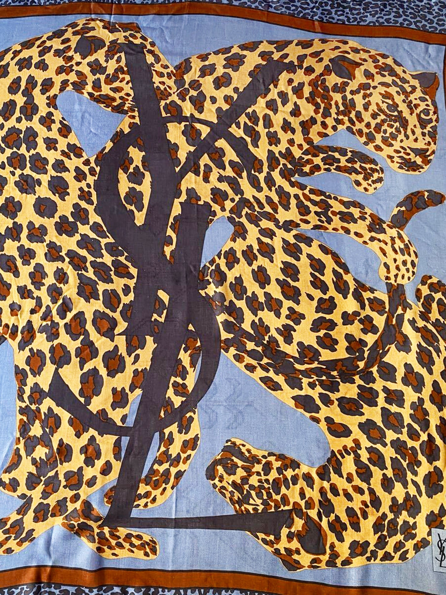 Yves Saint Laurent 1980s Rare Blue and Brown Leopard Print Silk Scarf