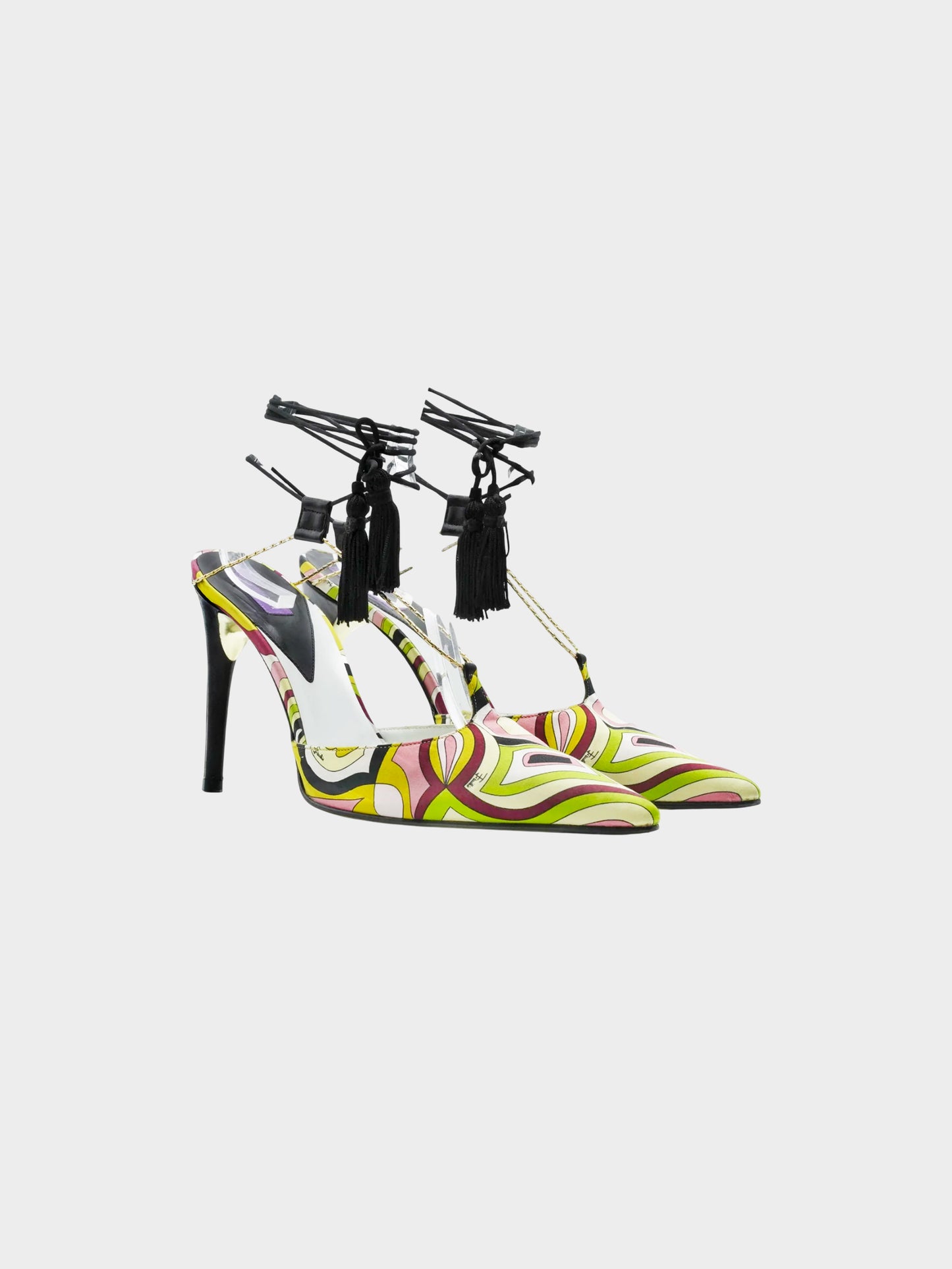Emilio Pucci 2000s Silk Geometric Pattern Print Heels with Black Tassels