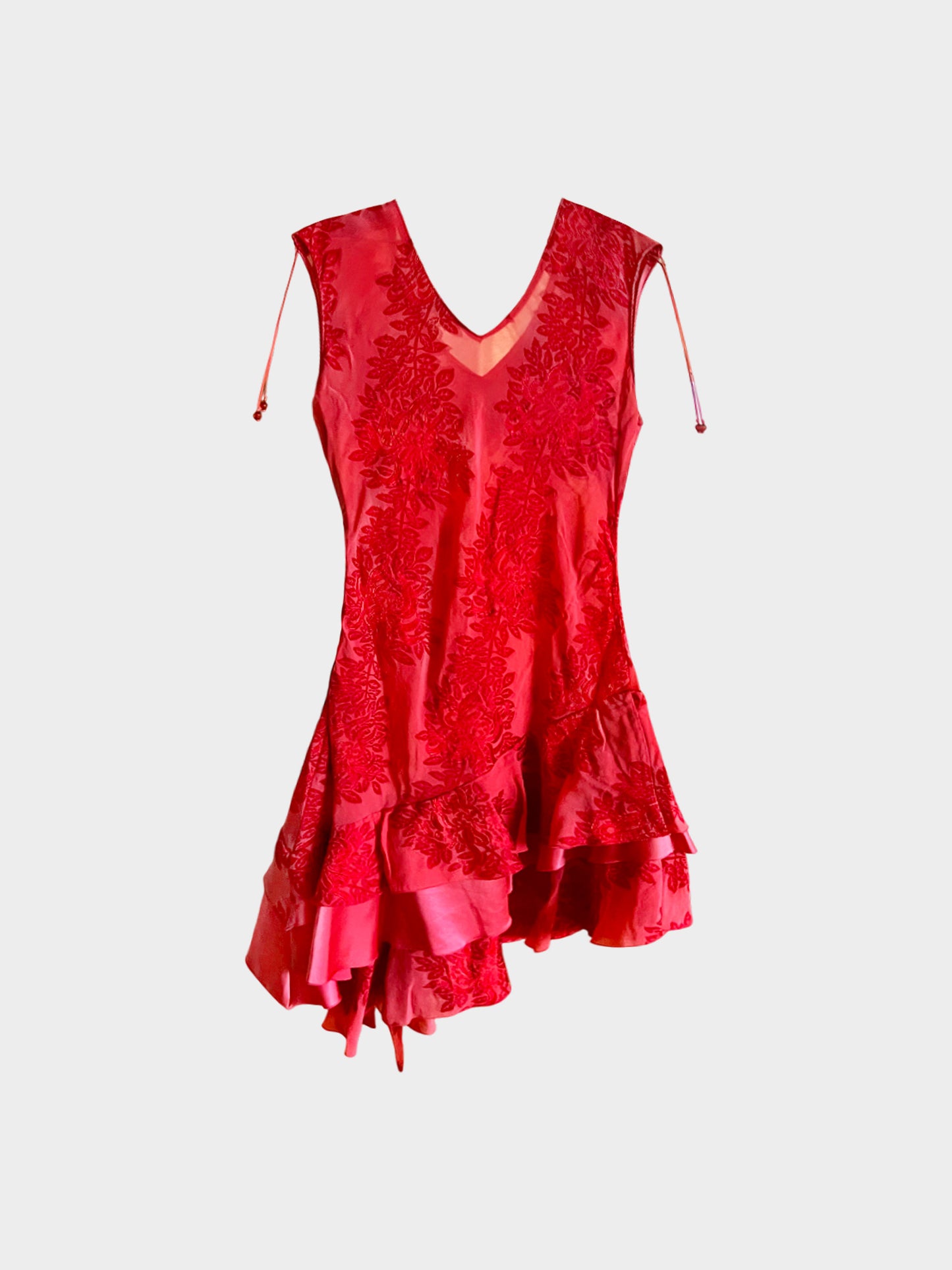 Vivienne Tam 1990s Red Floral Print Asymmetrical Ruffled Dress