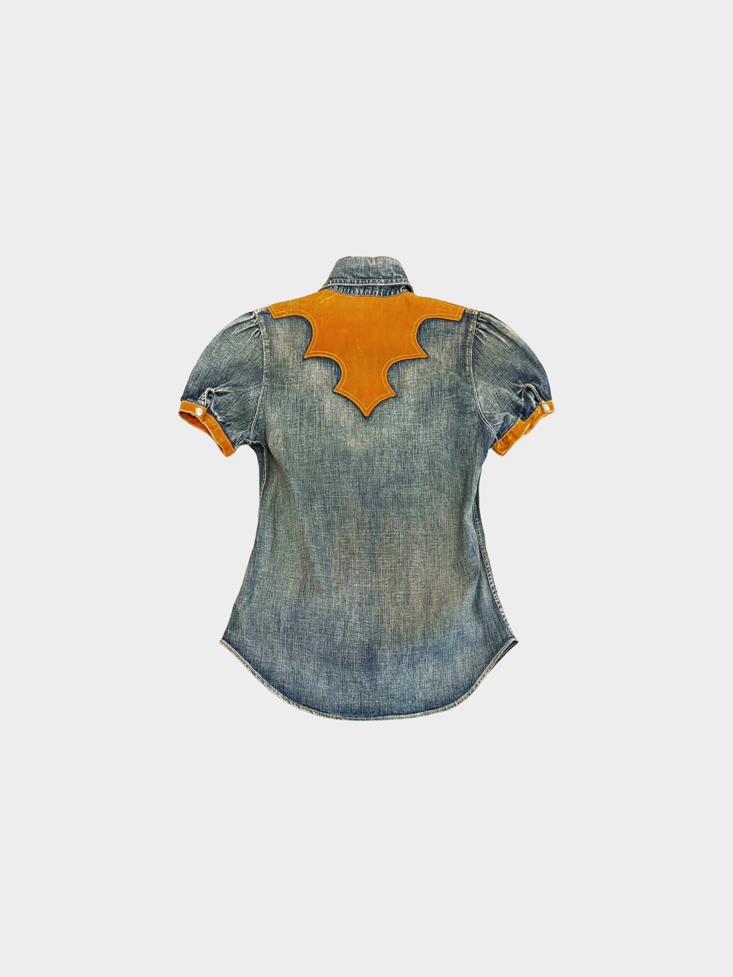 Dsquared2 SS 2006 Denim and Brown Leather Trim Button-down Short Sleeve Top