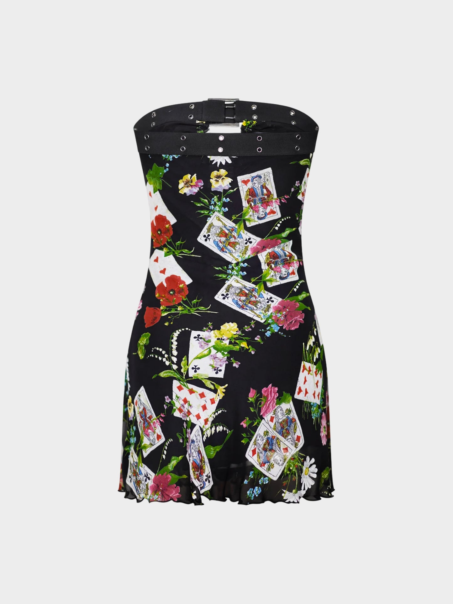 Christian Dior FW 2002 Black Cards and Floral Print Bustier Silk Dress