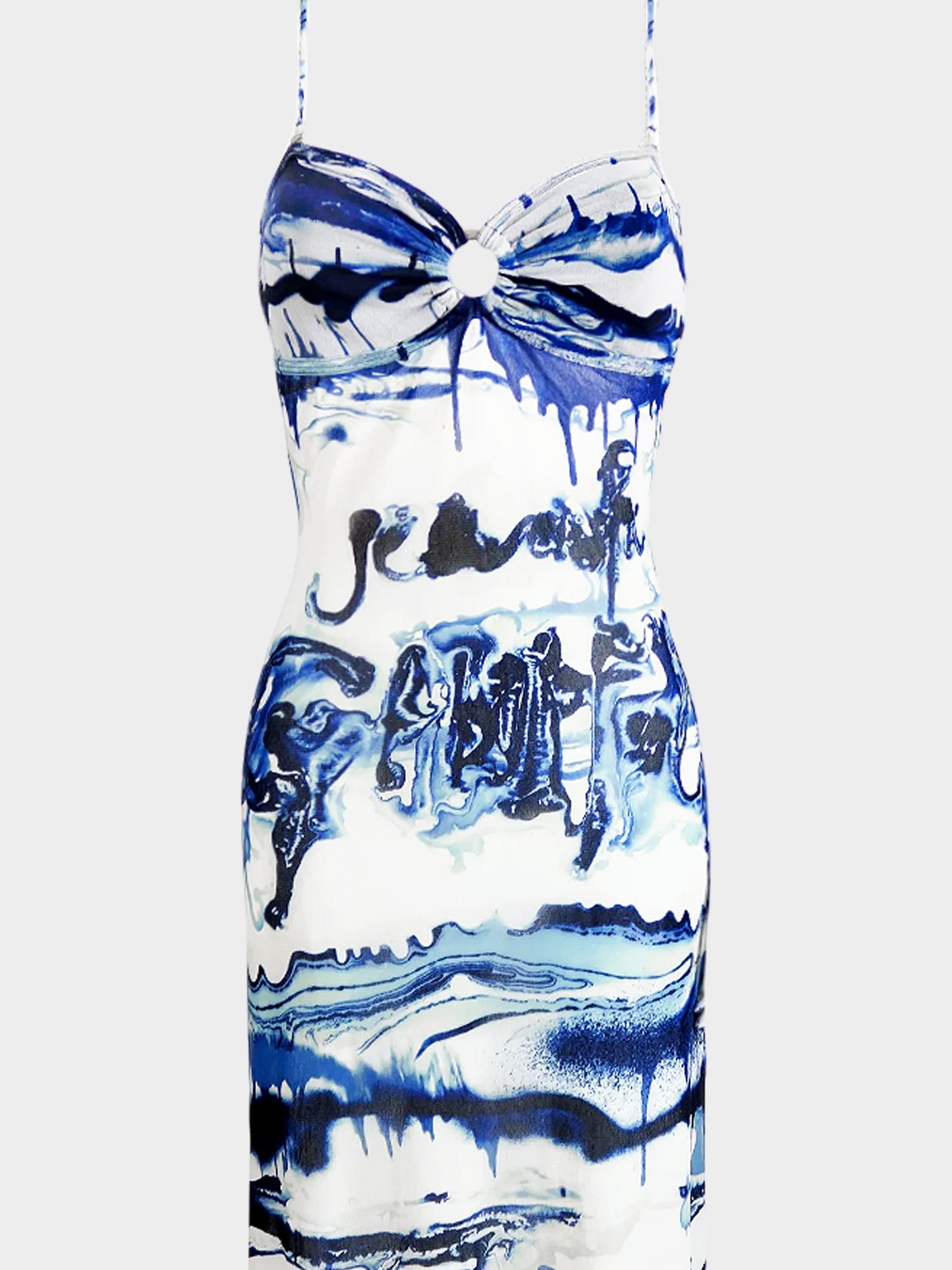 Jean Paul Gaultier FW 2001 Navy and White Abstract Print Mesh Maxi Dress