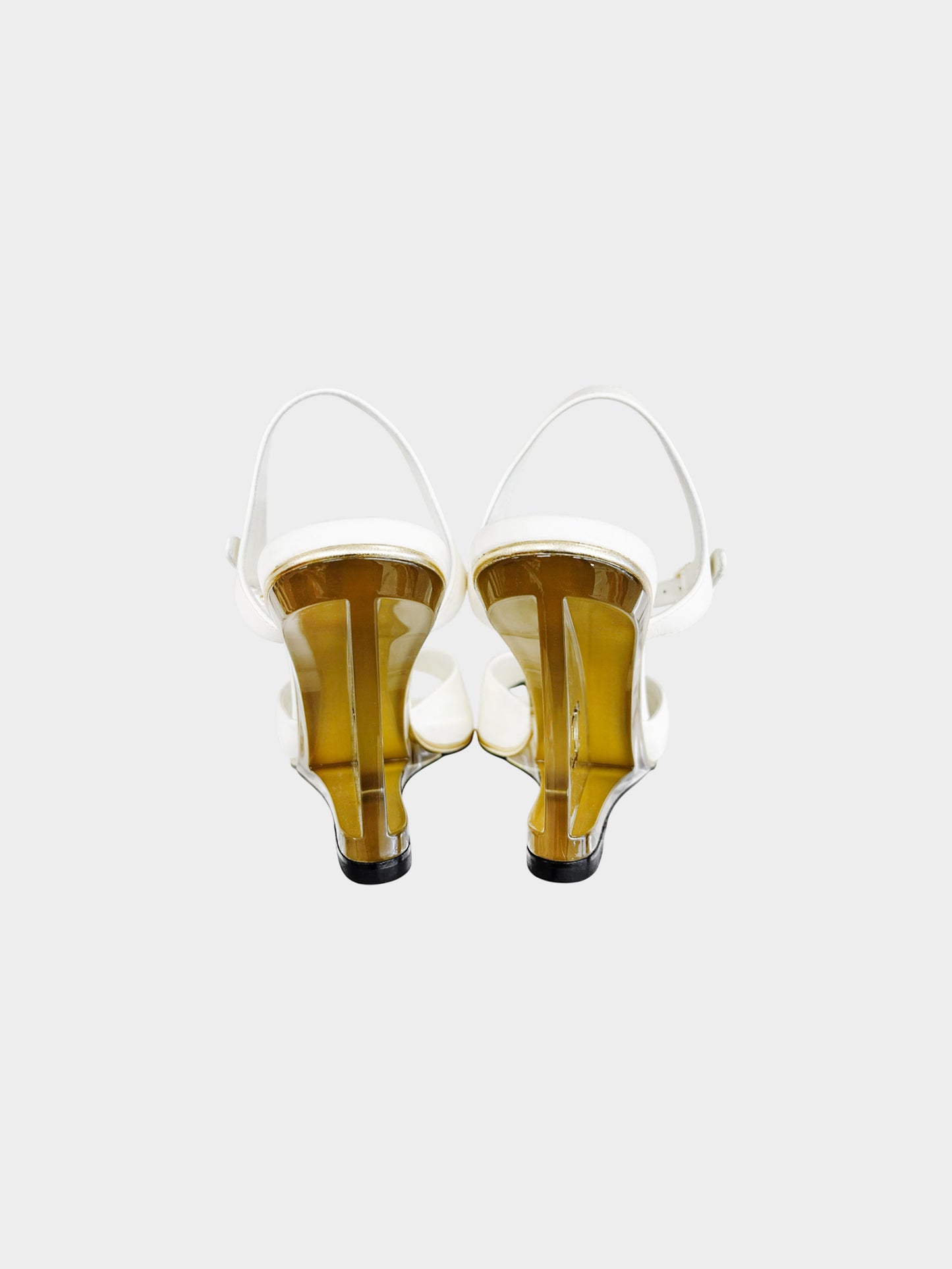 Chanel 2020 Ivory Leather Lucite Logo Wedges  Heels