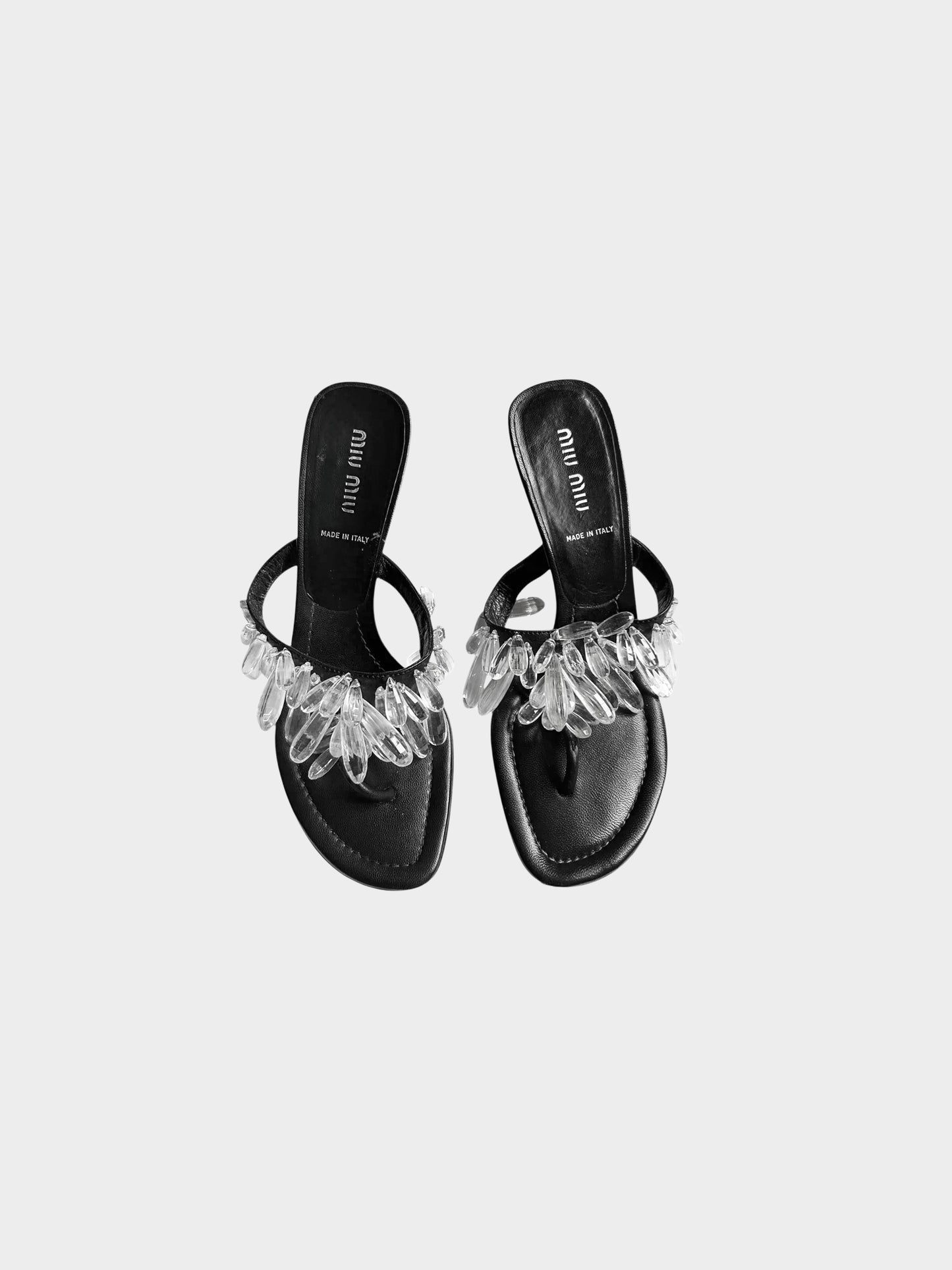 Miu Miu 2000s Black Leather Crystal Drop Heeled Mules