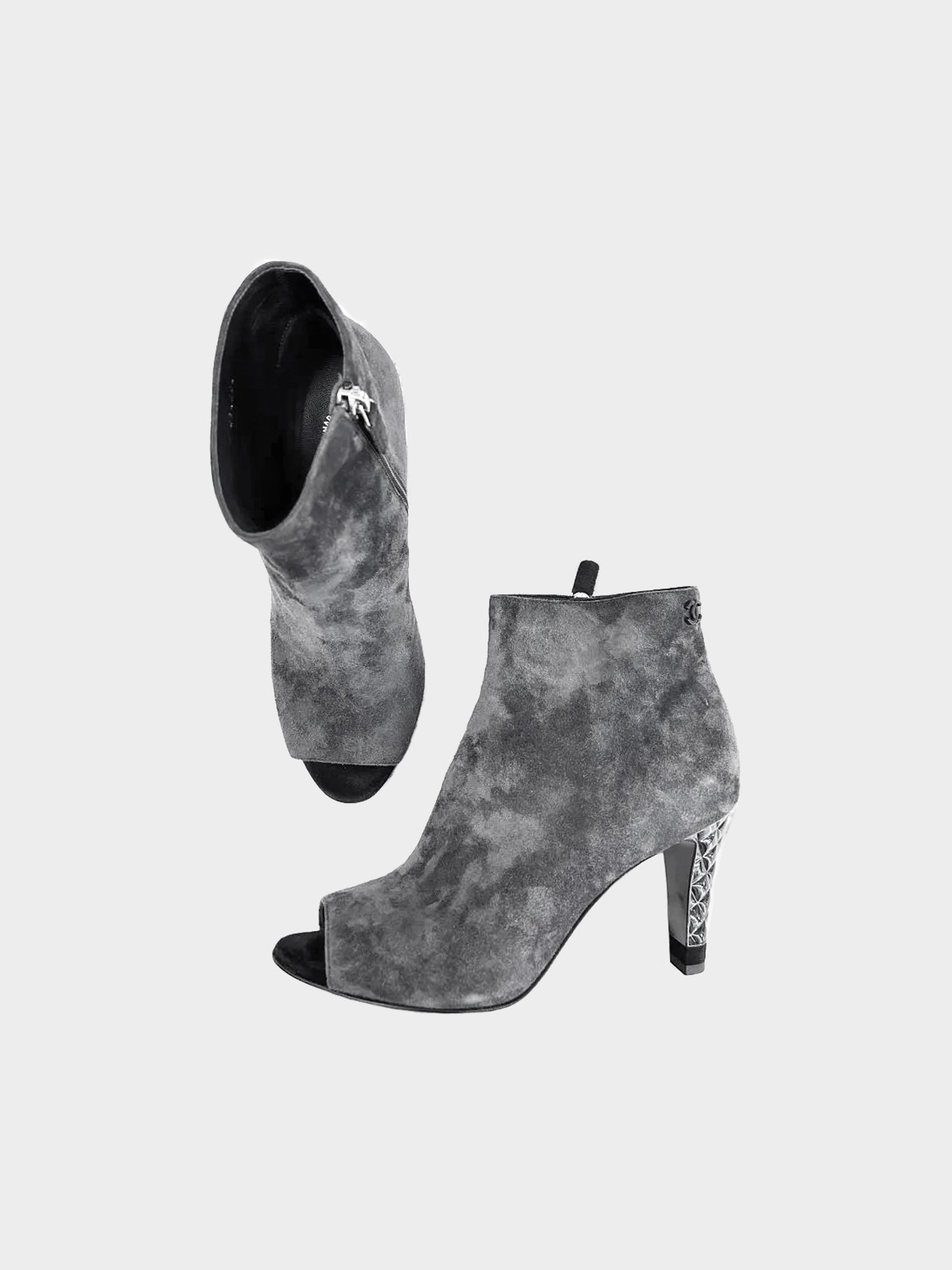 Chanel 2018 Grey Suede Peep Toe Ankle Boots
