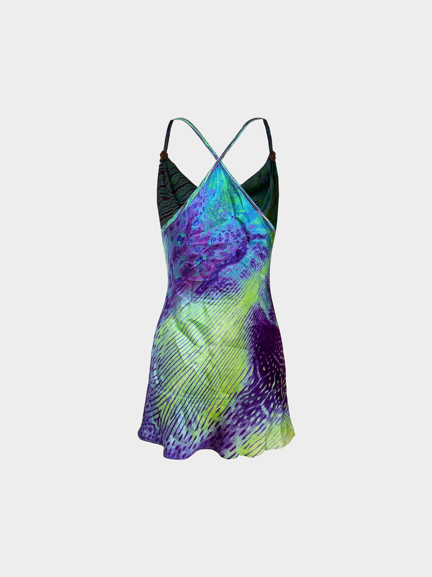 Roberto Cavalli 1990s Blue and Green Peacock Feather Print Mini Dress