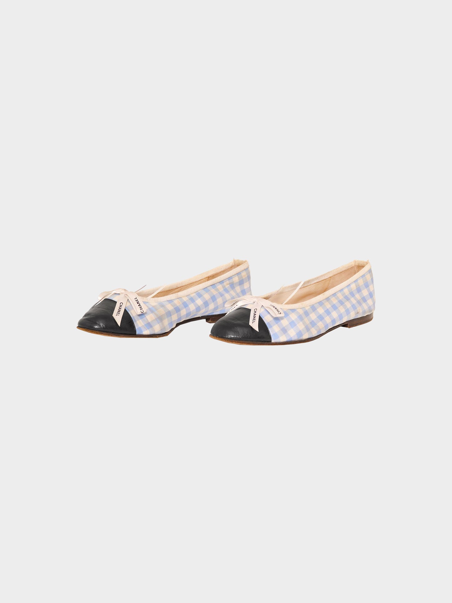Chanel 1990s Blue and White Gingham Check Print Leather and Canvas Ballet Flats