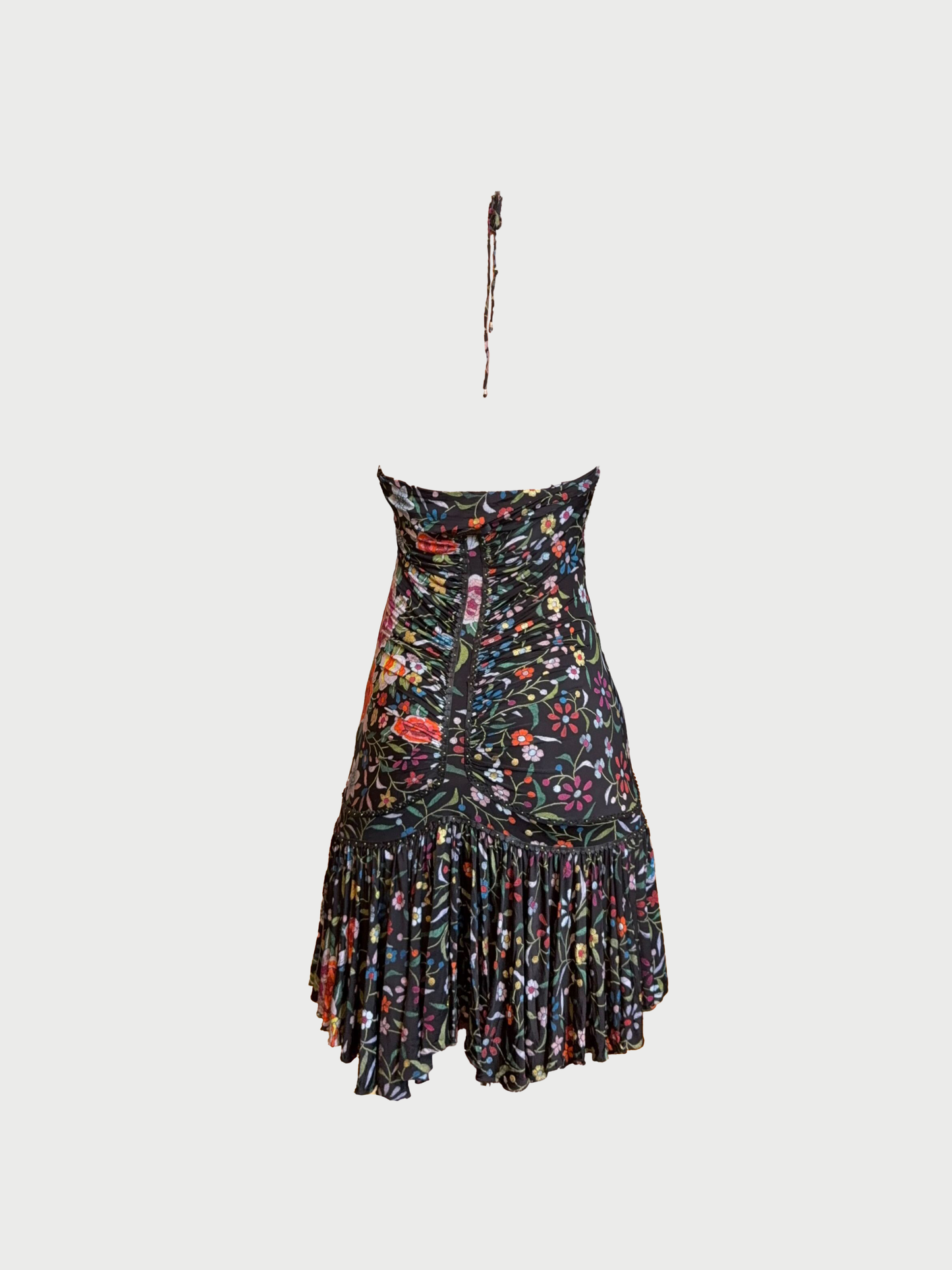 Roberto Cavalli 2000s Black Floral Print Ruched Halter Dress