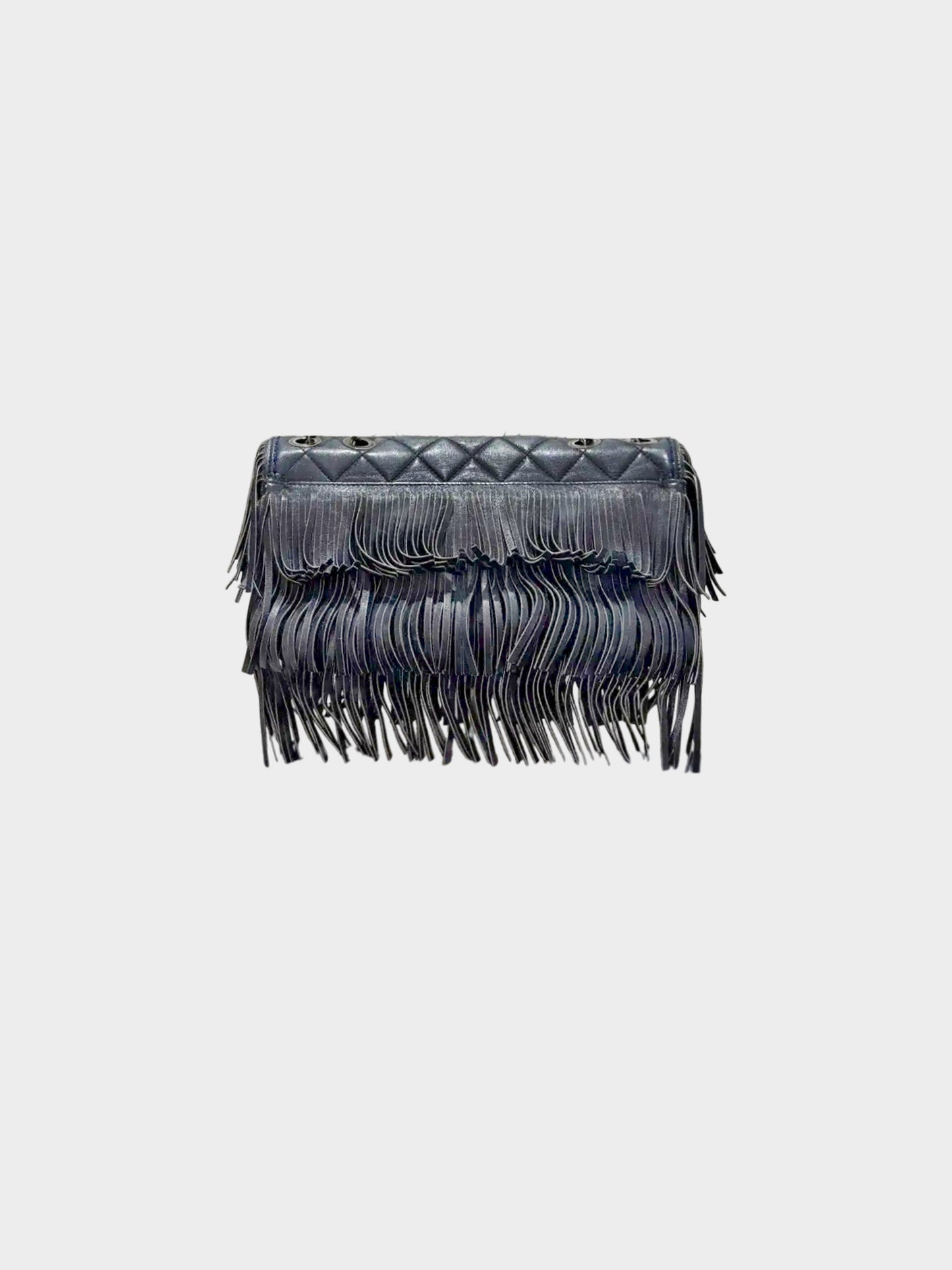 Chanel 2014 Navy Calfskin Leather Paris-Dallas Fringe Flap Bag