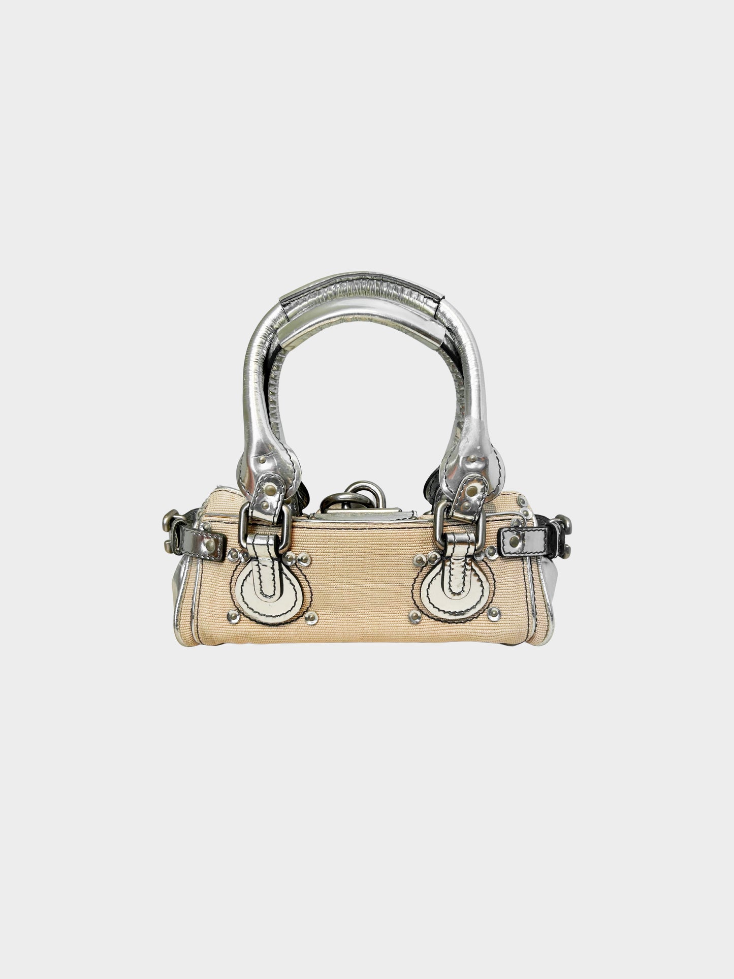 Chloe 2000s Metallic Silver Leather and Beige Canvas Paddington Bag