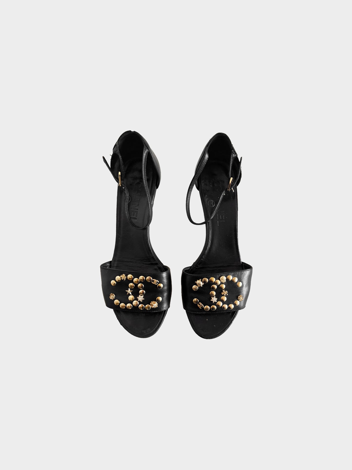 Chanel 2008 Black Leather CC Studded Kitten Heels