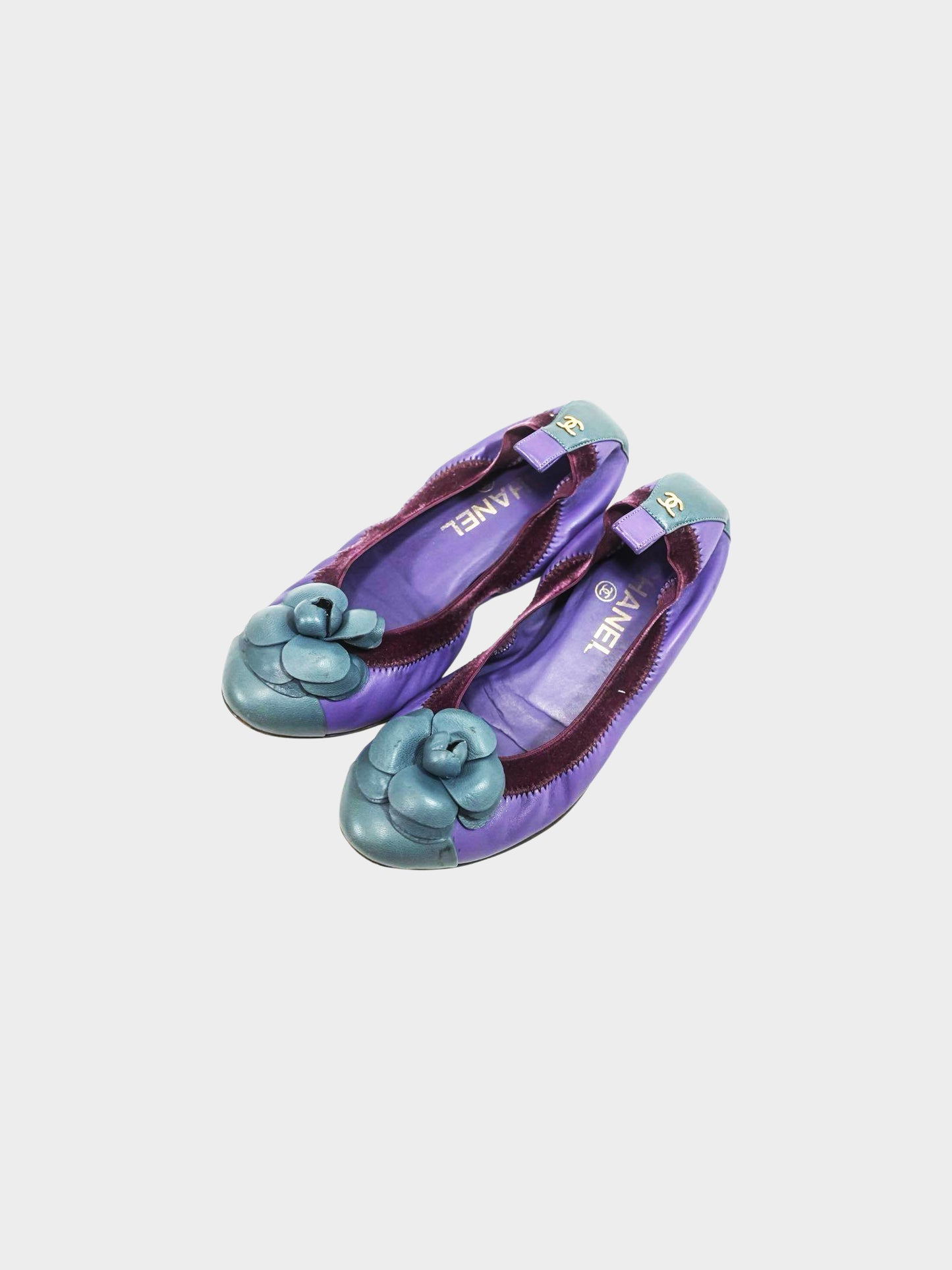 Chanel 2000s Purple and Blue Leather Camellia Ballet Flats