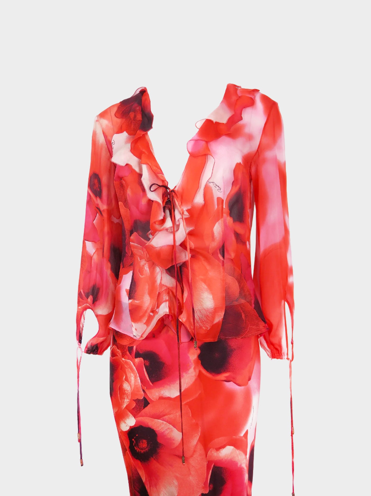 Roberto Cavalli SS 2003 Red Rose Printed Silk Top and Skirt Set