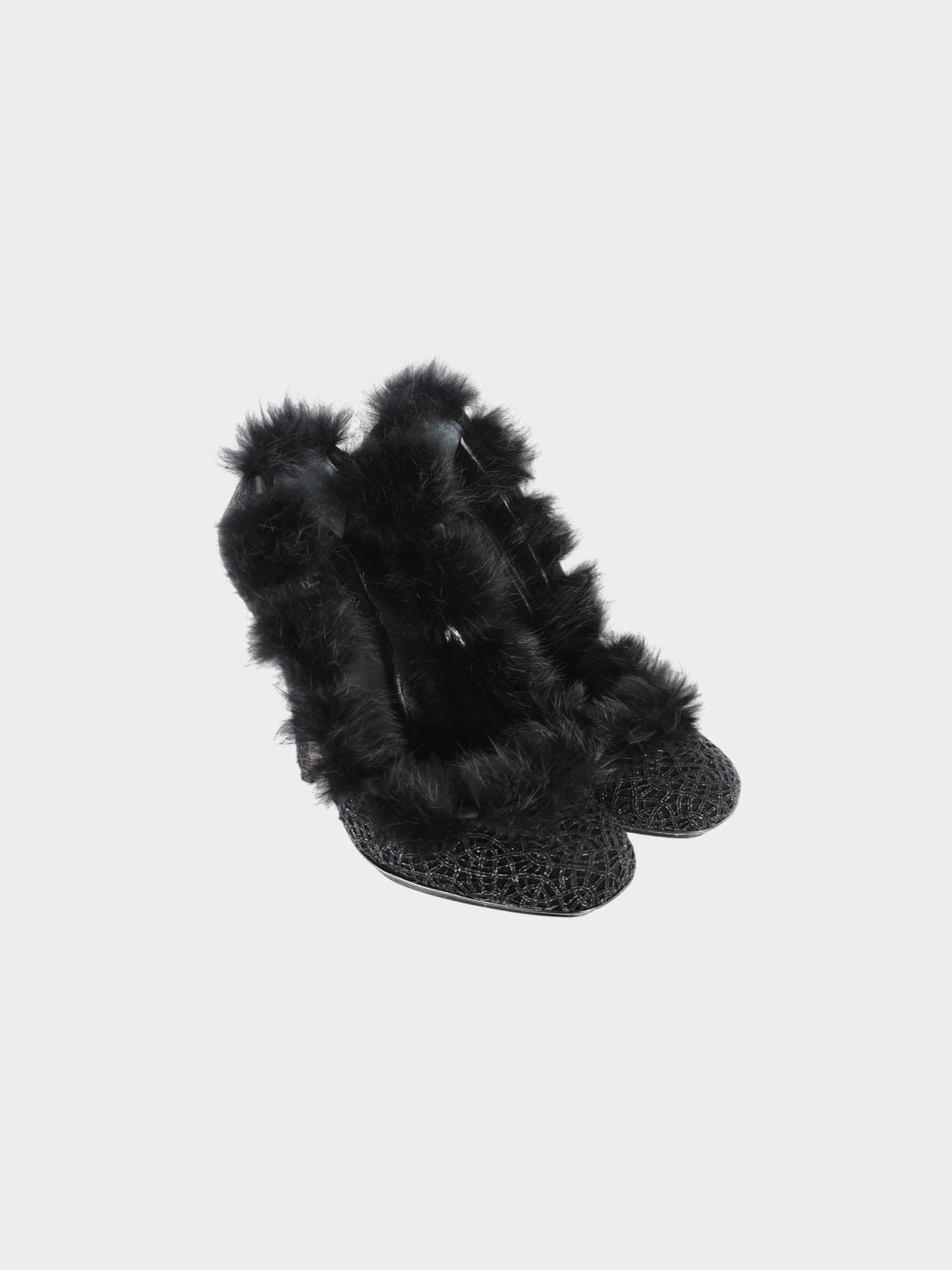 Christian Dior by John Galliano 2000s Black Glitter Fur Trim Heels