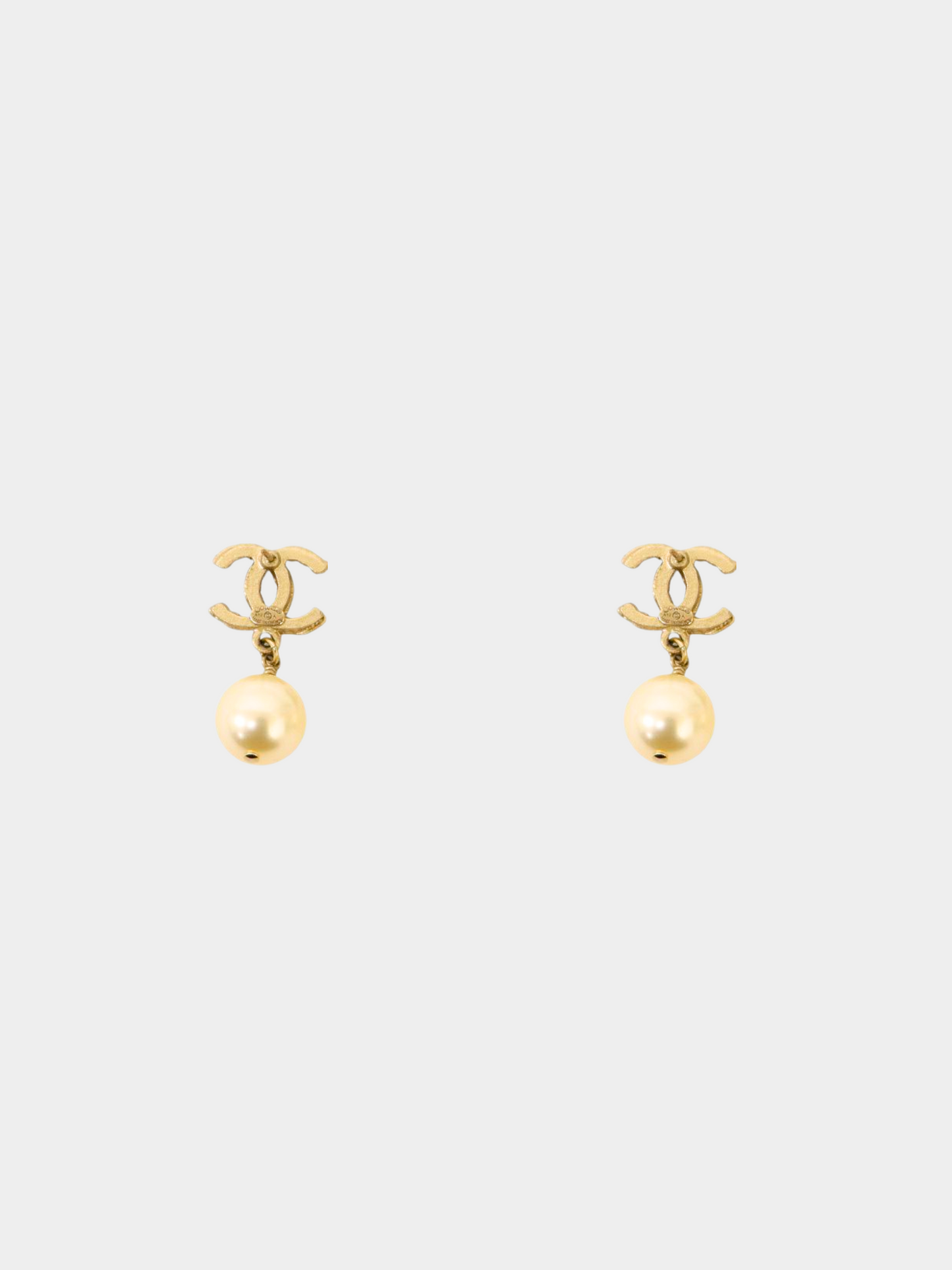 Chanel 1990s Gold Pearl CC Hanging Stud Earrings