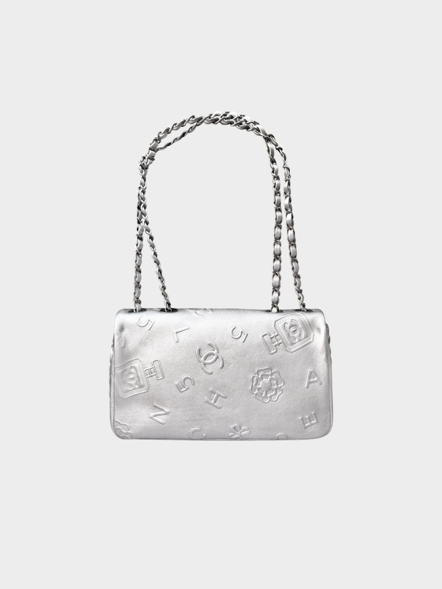 Chanel 2009-2010 Metallic Silver Lambskin Symbols Classic Medium Single Flap Bag