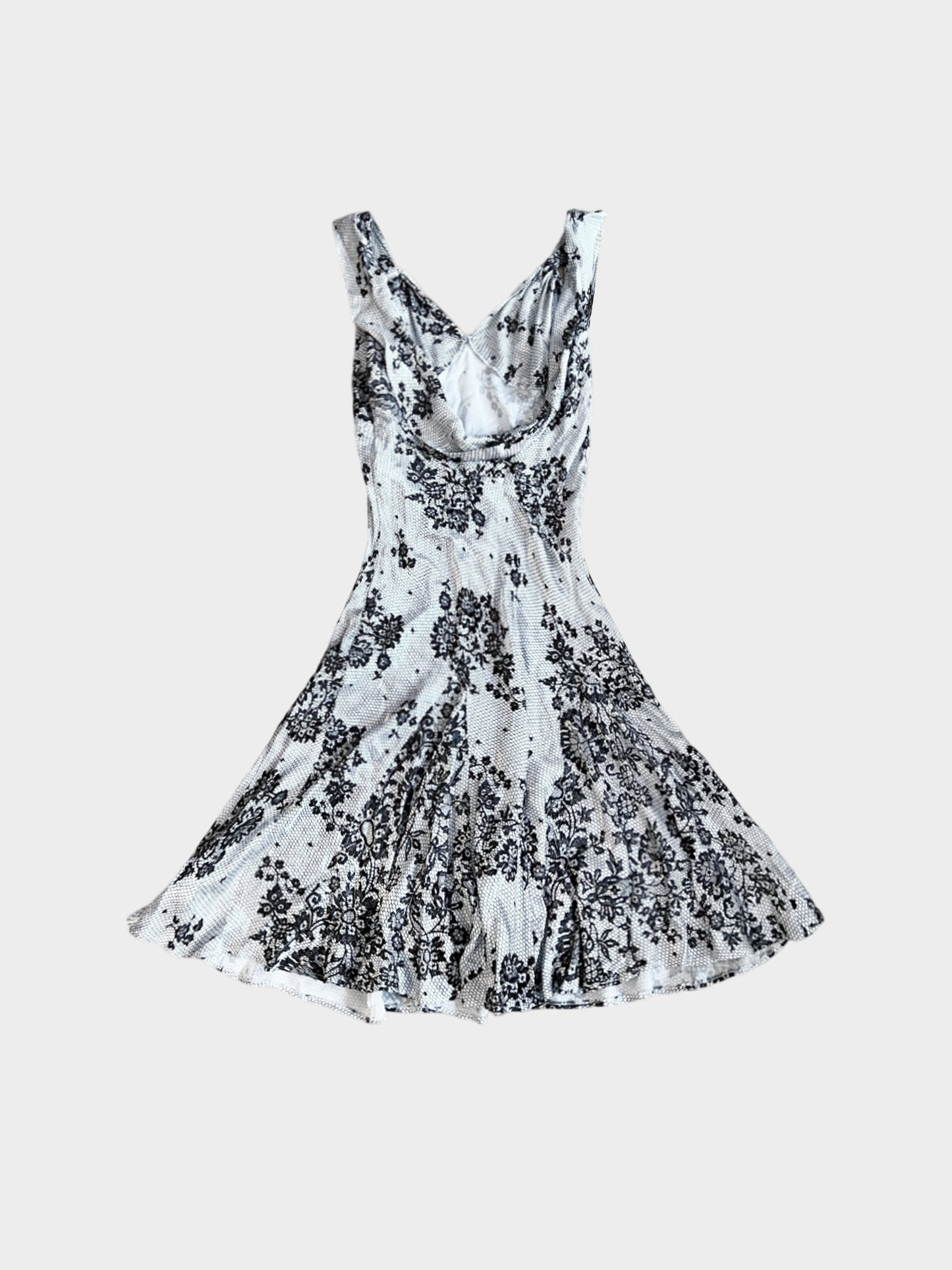 John Galliano 1990s Rare Black and White Silk Lace Pattern Slip Dress