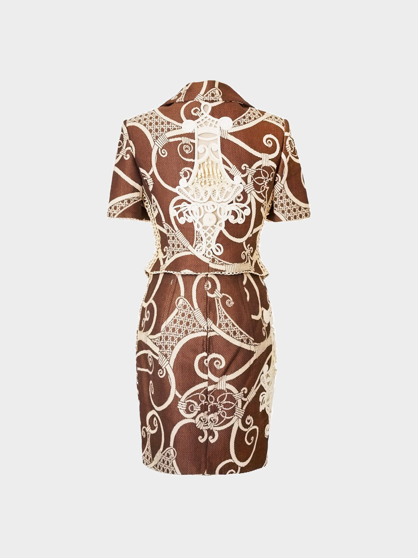Christian Dior by John Galliano 1990s Brown and White Brocade Jacket and Skirt Set