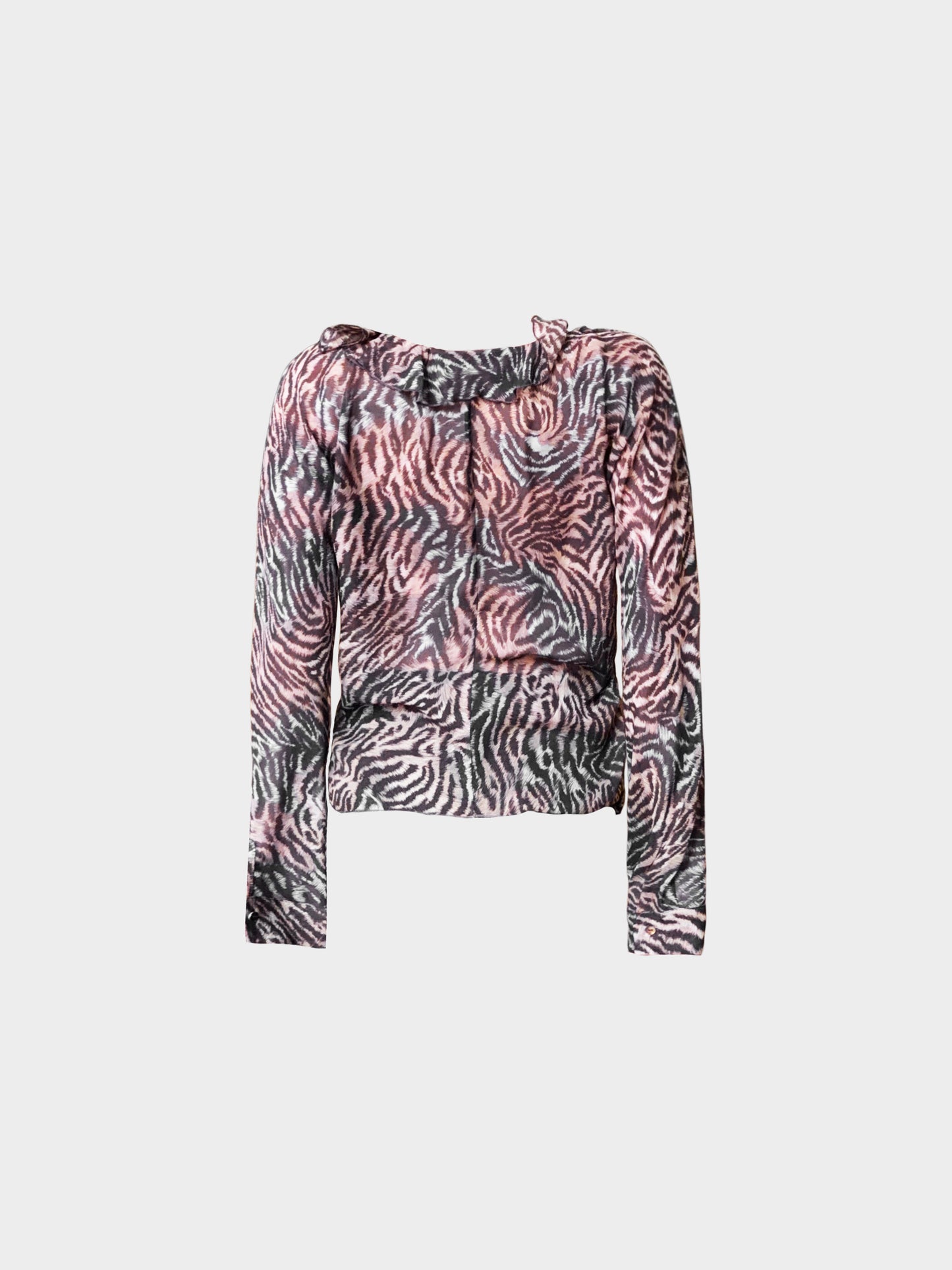 Emanuel Ungaro 2000s Black Animal Print Long Sleeve Ruffled Top