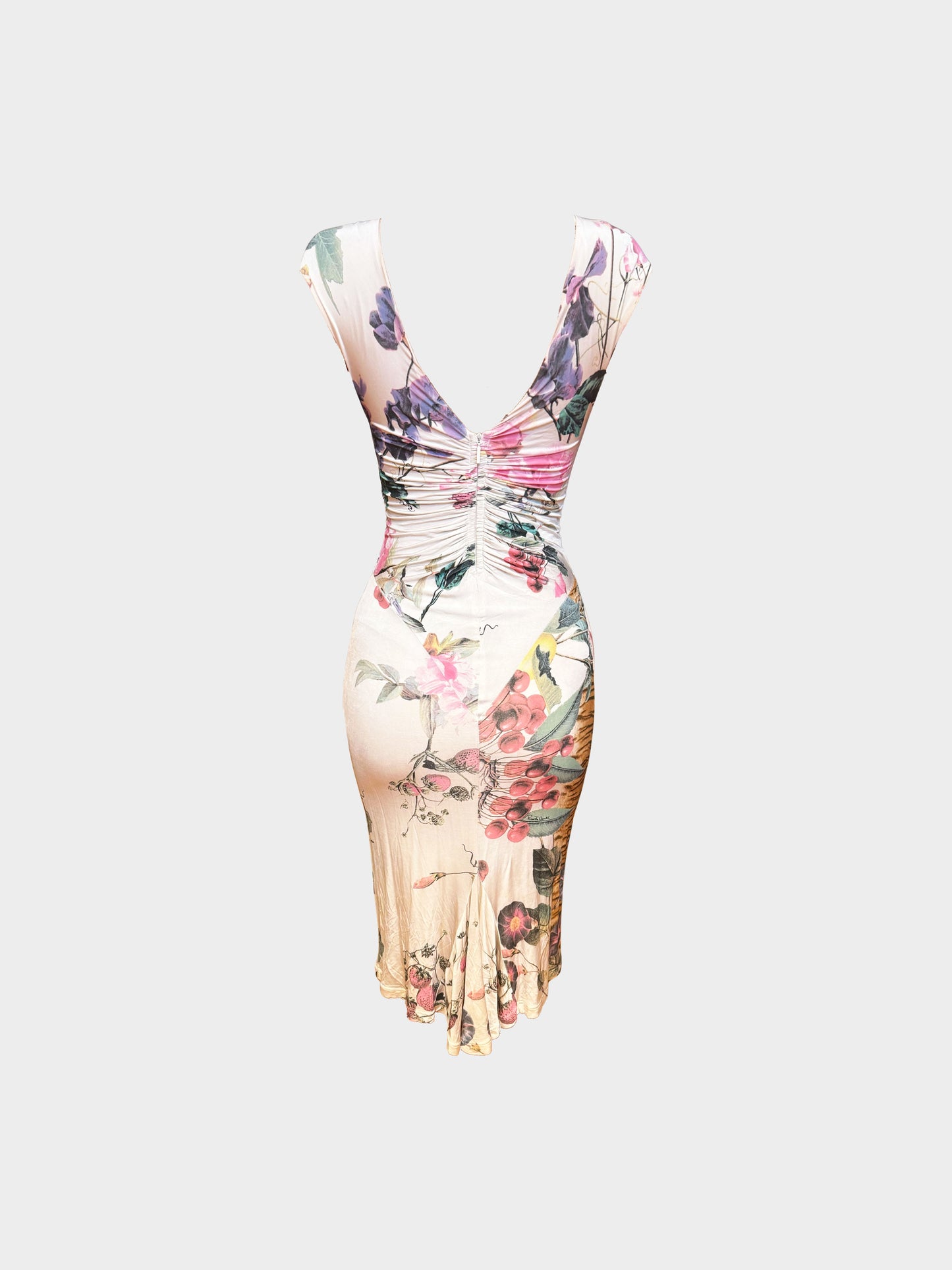Roberto Cavalli 2000s Multicolor Floral Print Silk Bodycon Dress with Snake Motif