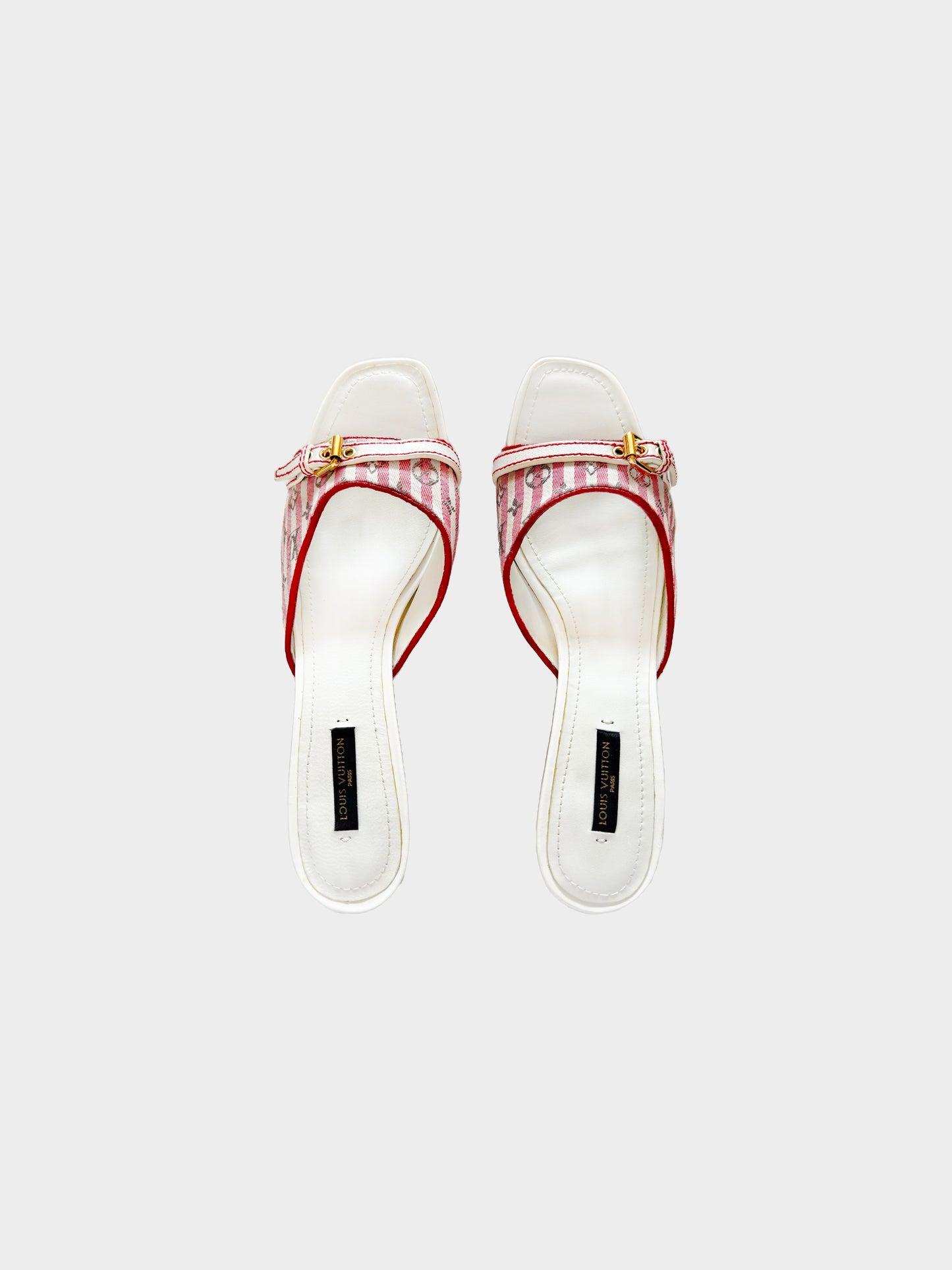 Louis Vuitton 2010s Red and White Stripe Belted Monogram Kitten Heels