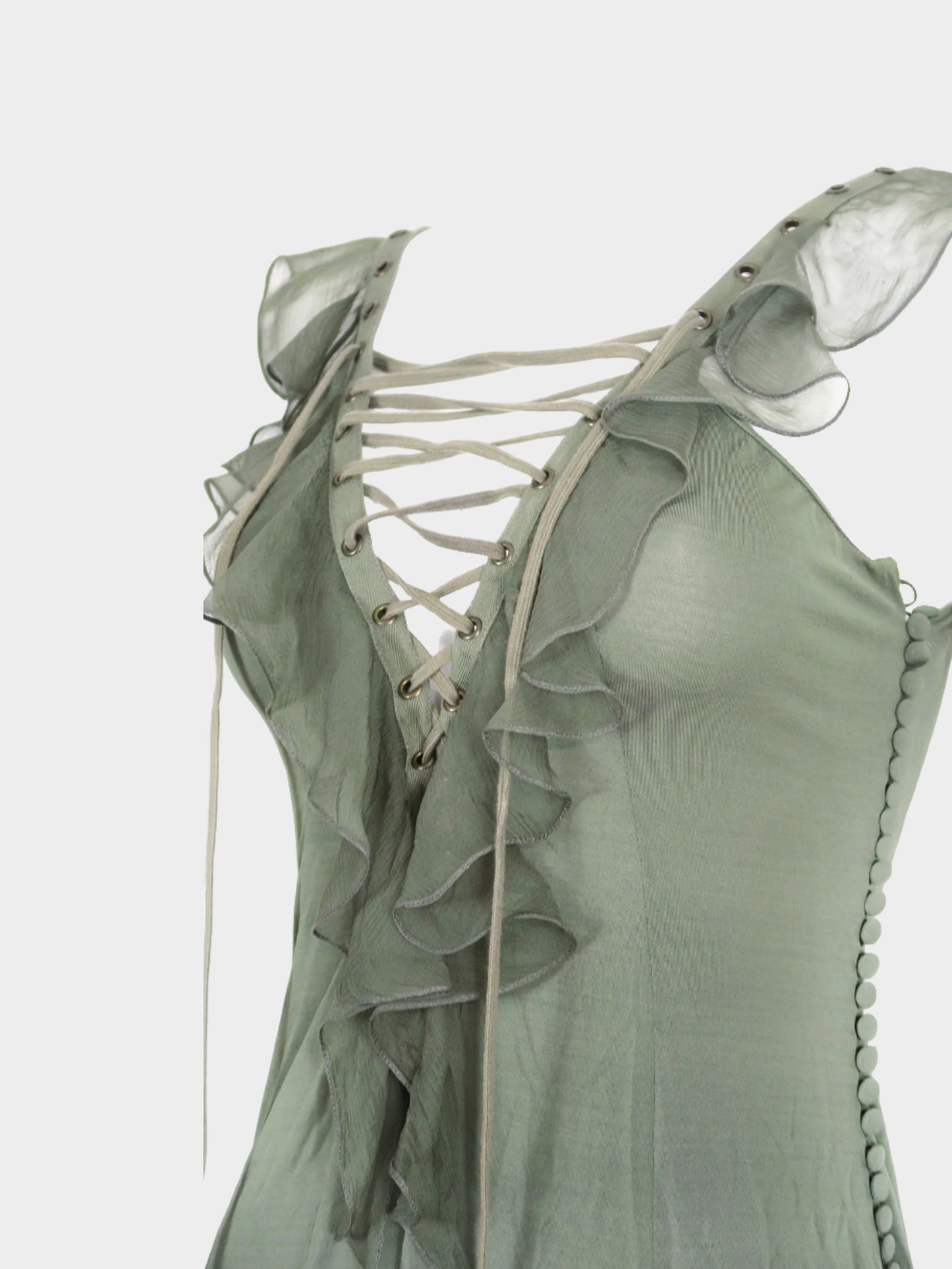 Christian Dior by John Galliano FW 2003 Green Silk Chiffon Ruffled Lace-Up Dress