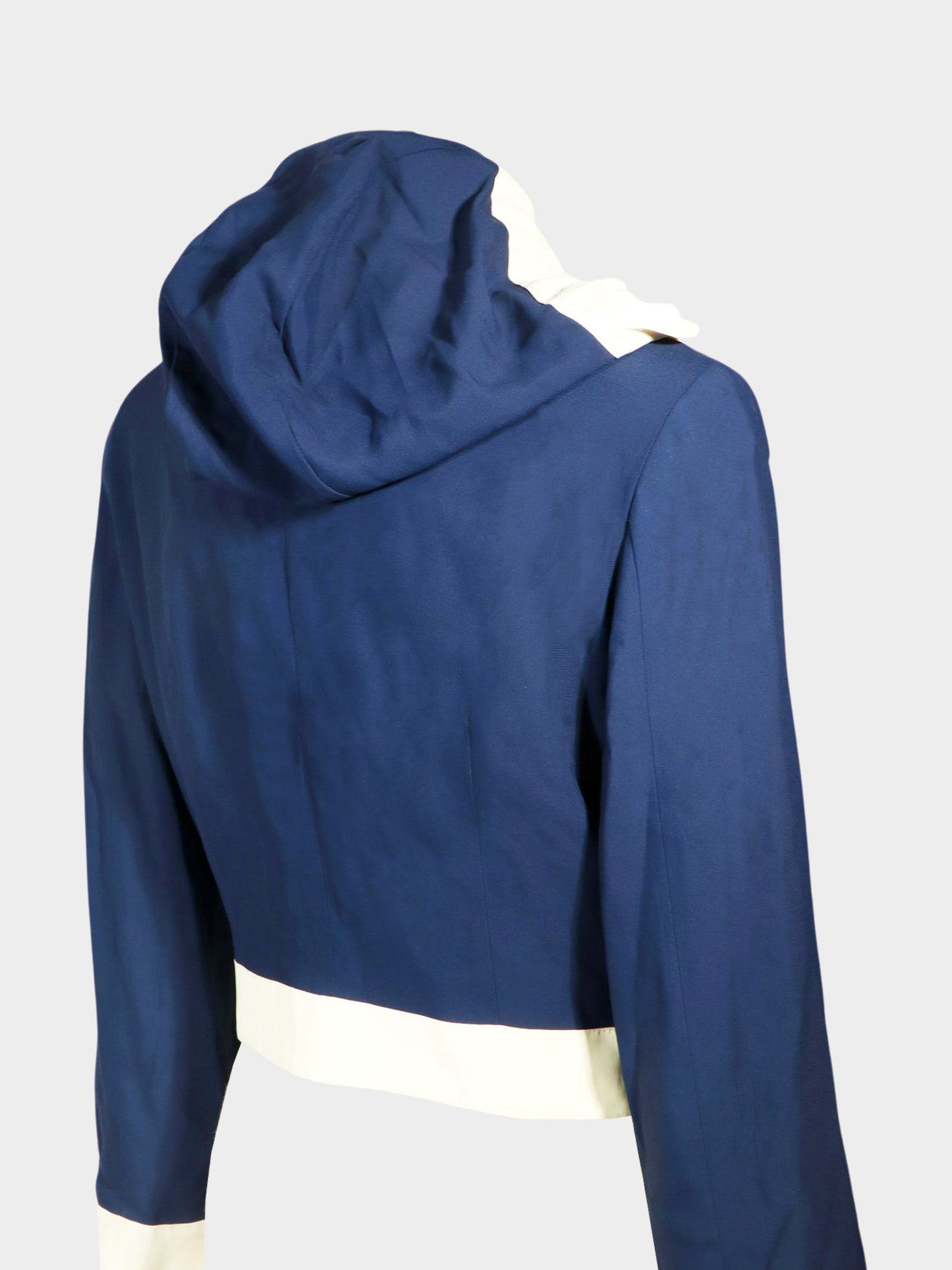 Moschino 1990s White and Blue Two-tone Buttoned Cropped Hooded Jacket