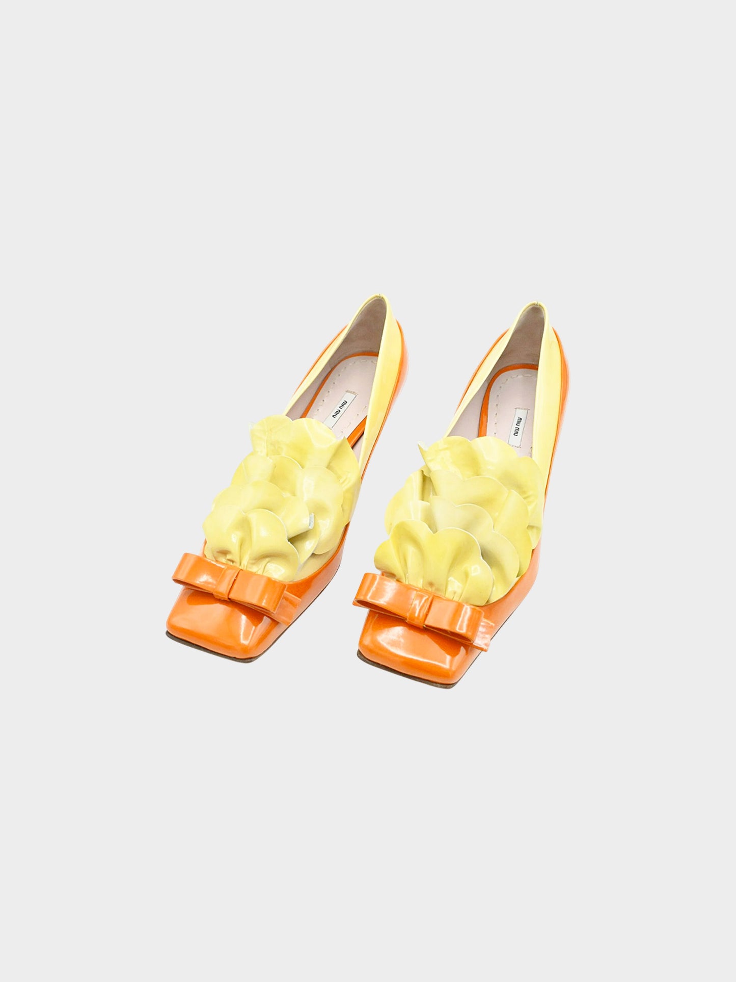 Miu Miu 2010s Orange and Yellow Patent Leather Ruffle Bow Kitten Heel Pumps