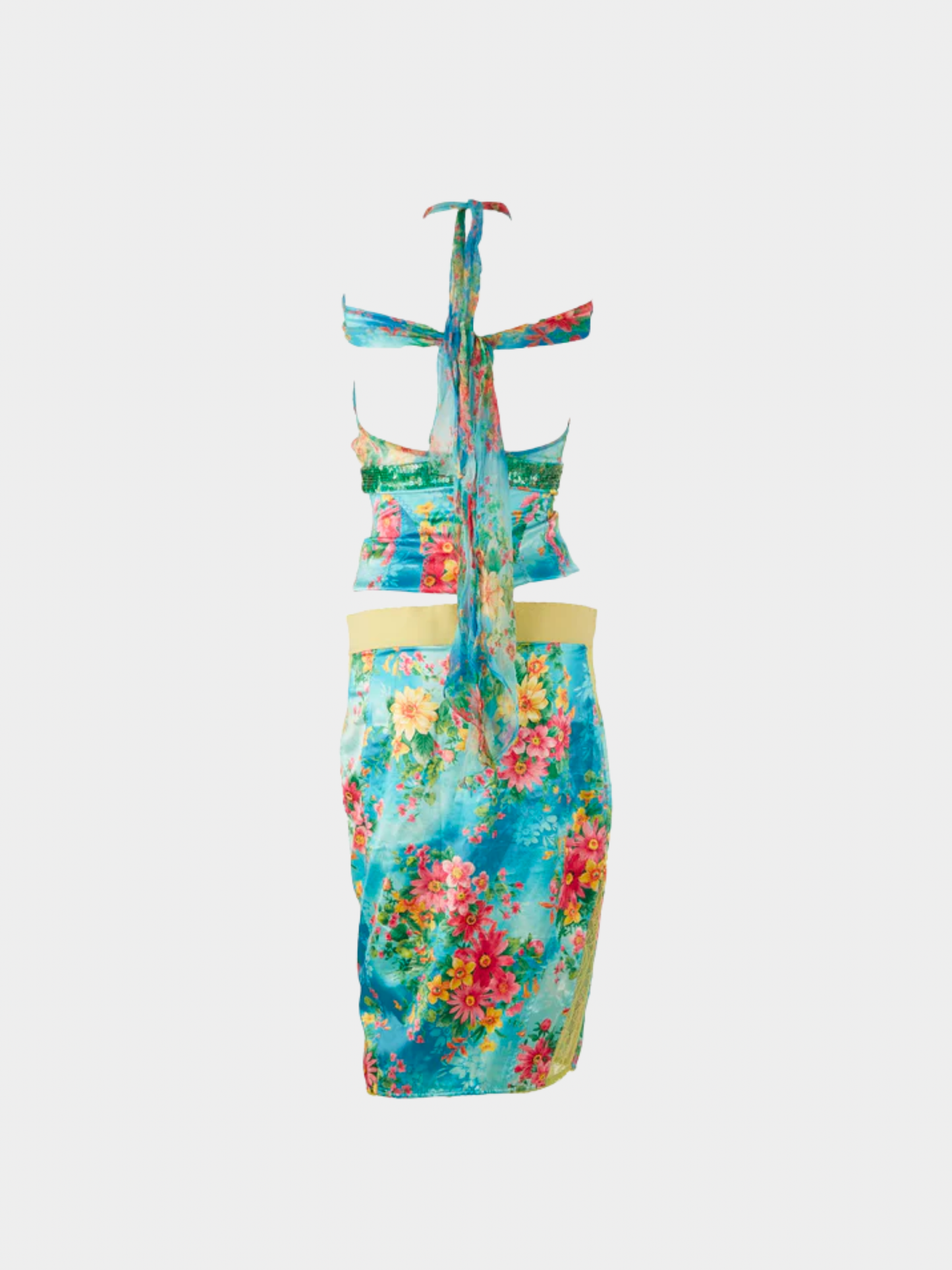 Dolce & Gabbana 2000s Blue Floral Halter Top & Skirt Set